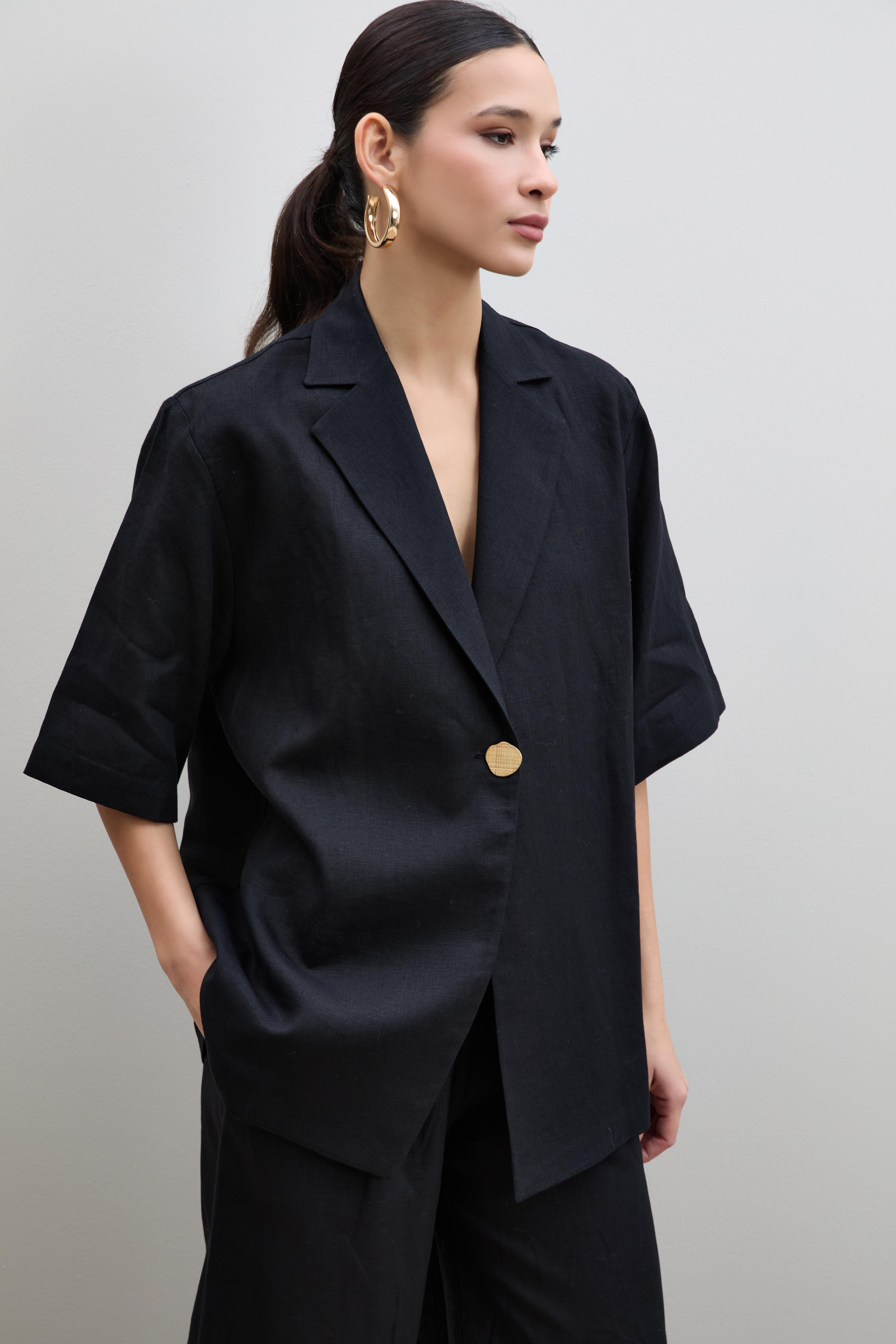 %100 Keten Oversize Düğme Detaylı Ceket