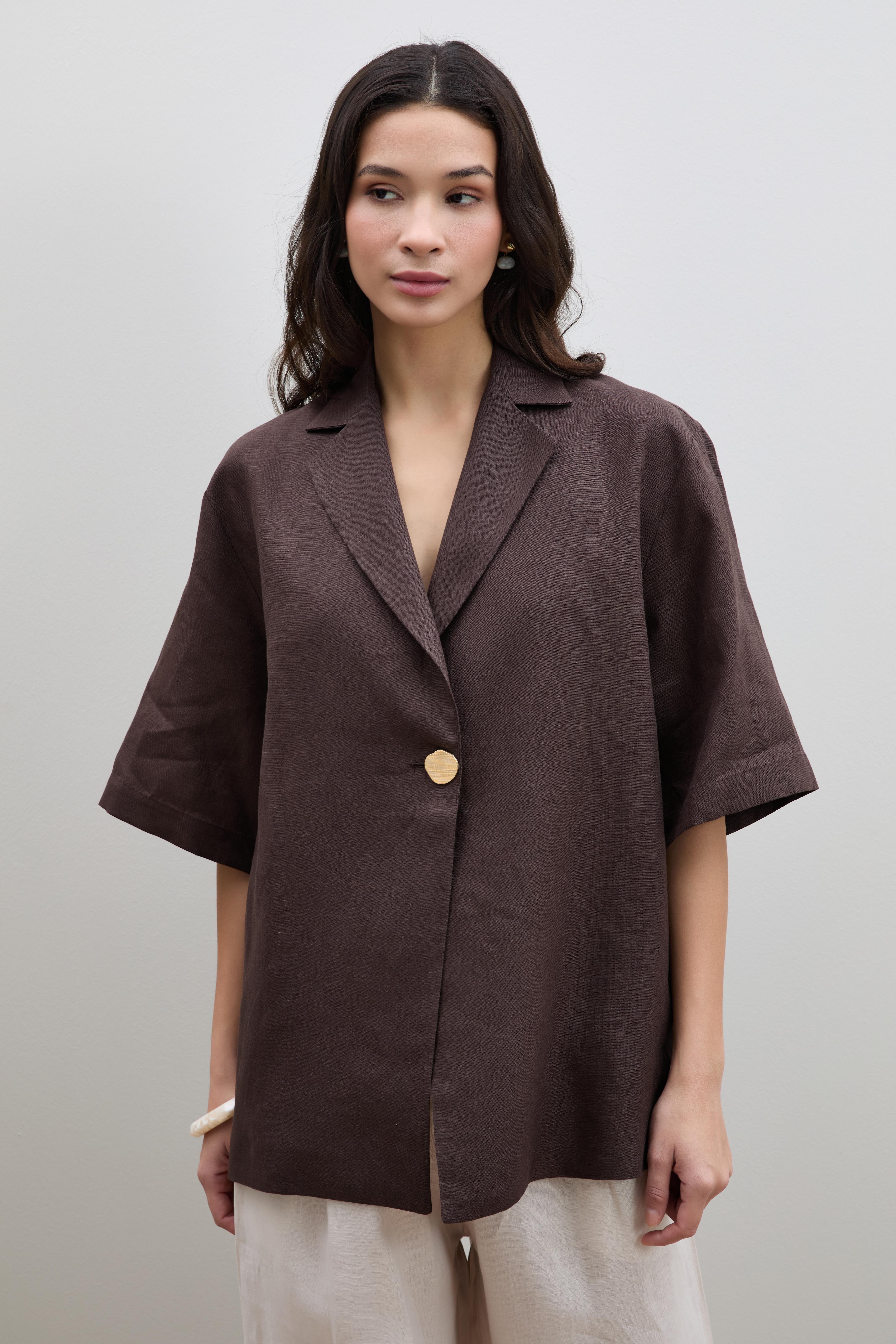 %100 Keten Oversize Düğme Detaylı Ceket