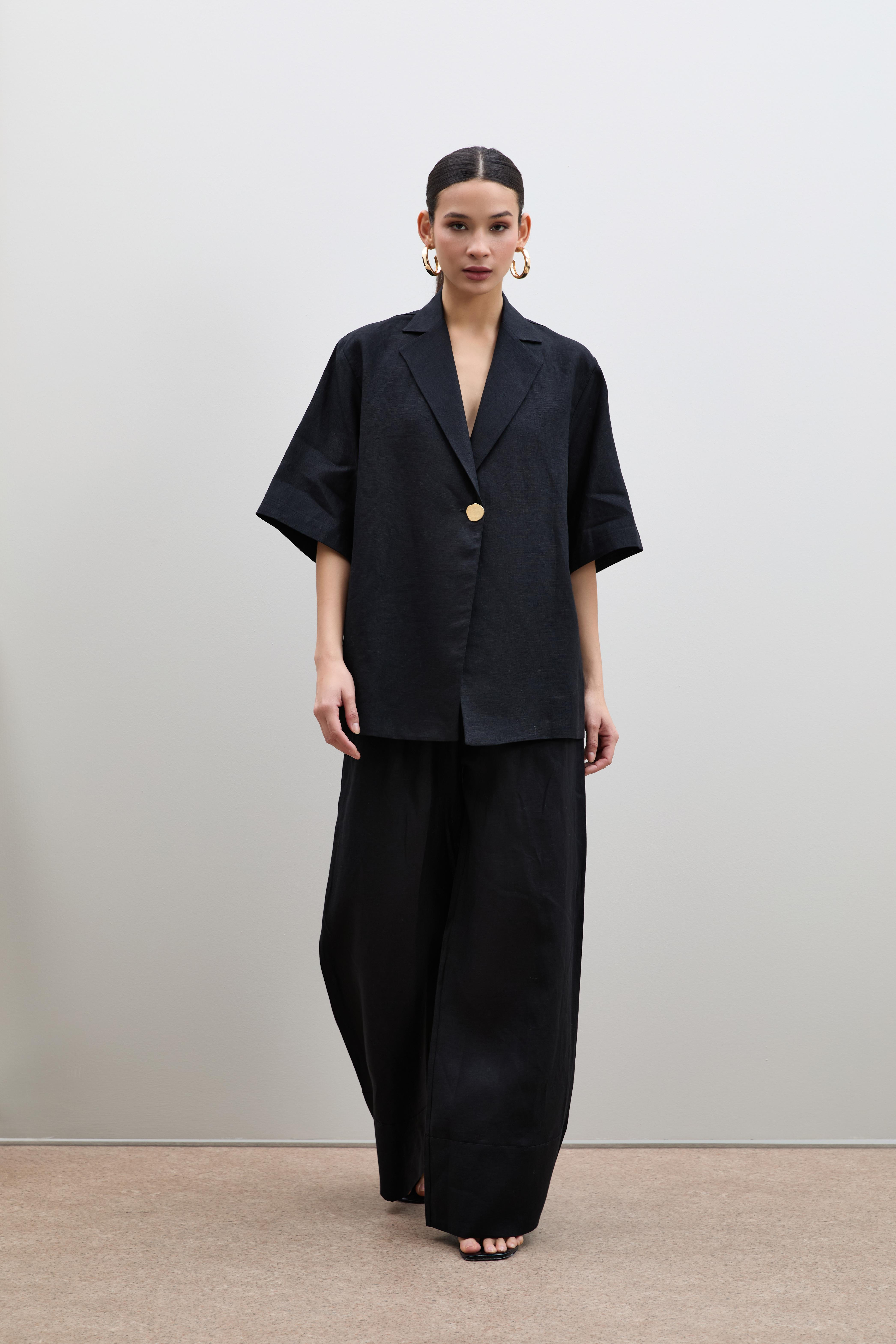 %100 Keten Oversize Düğme Detaylı Ceket