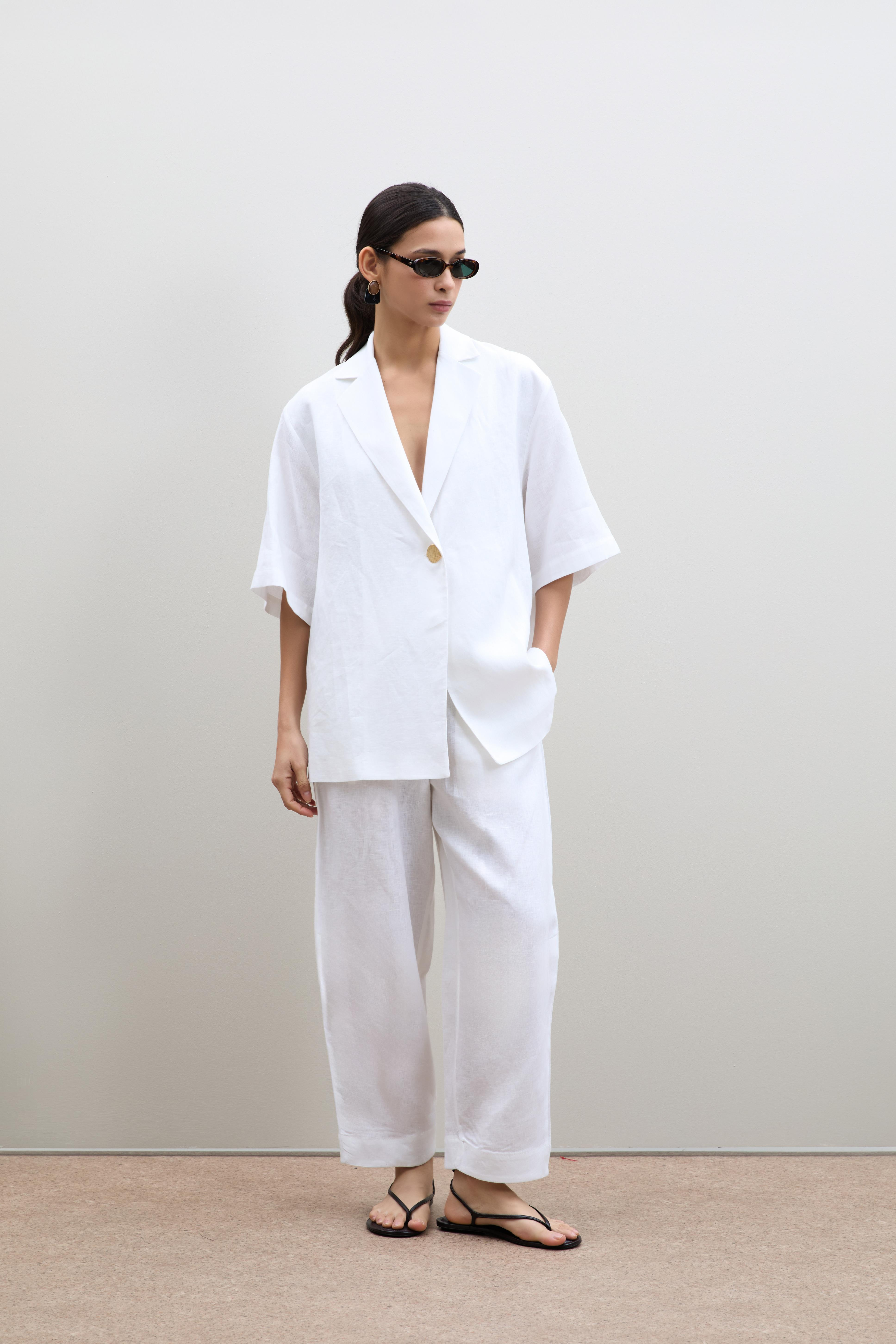 %100 Keten Oversize Düğme Detaylı Ceket