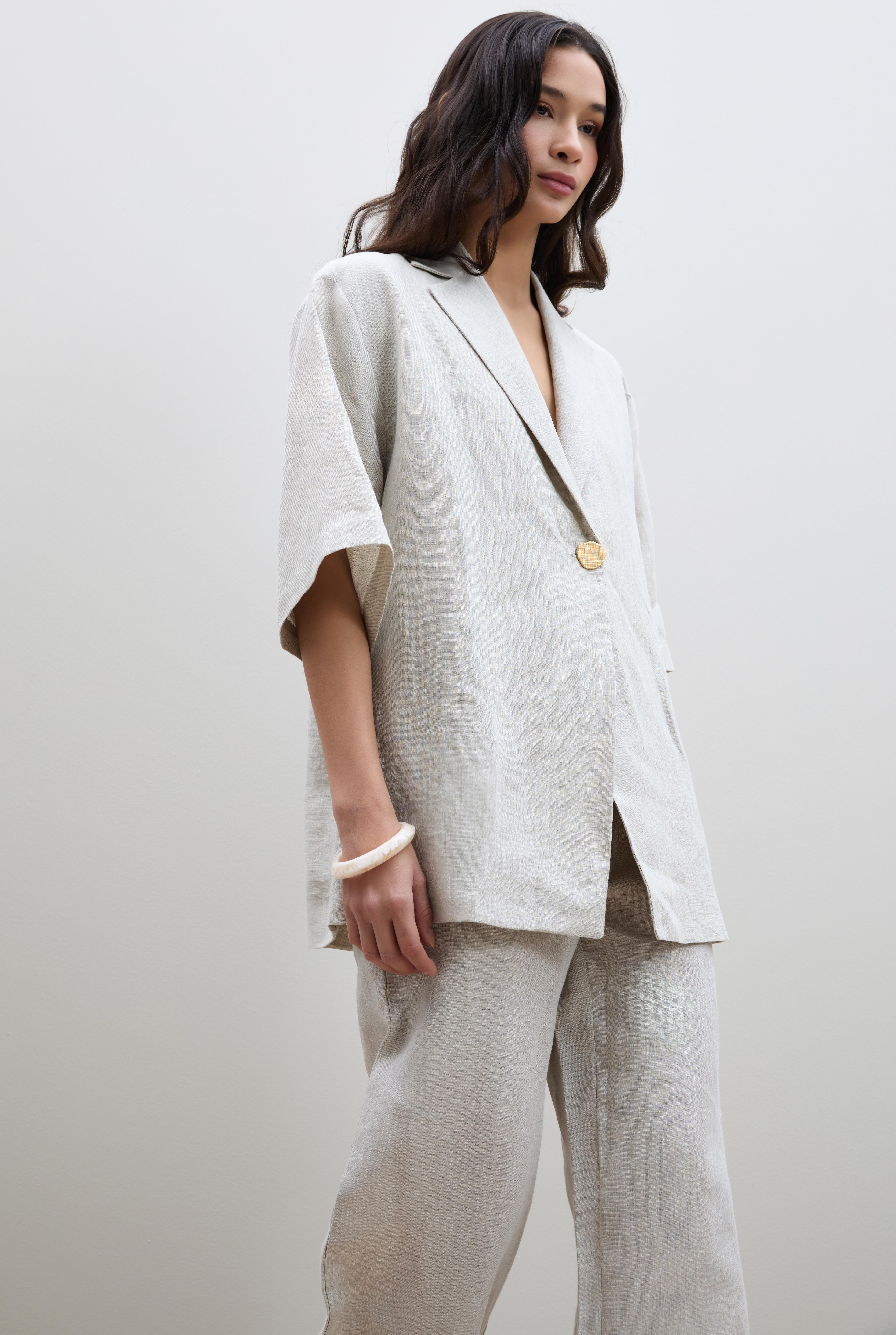 %100 Keten Oversize Düğme Detaylı Ceket