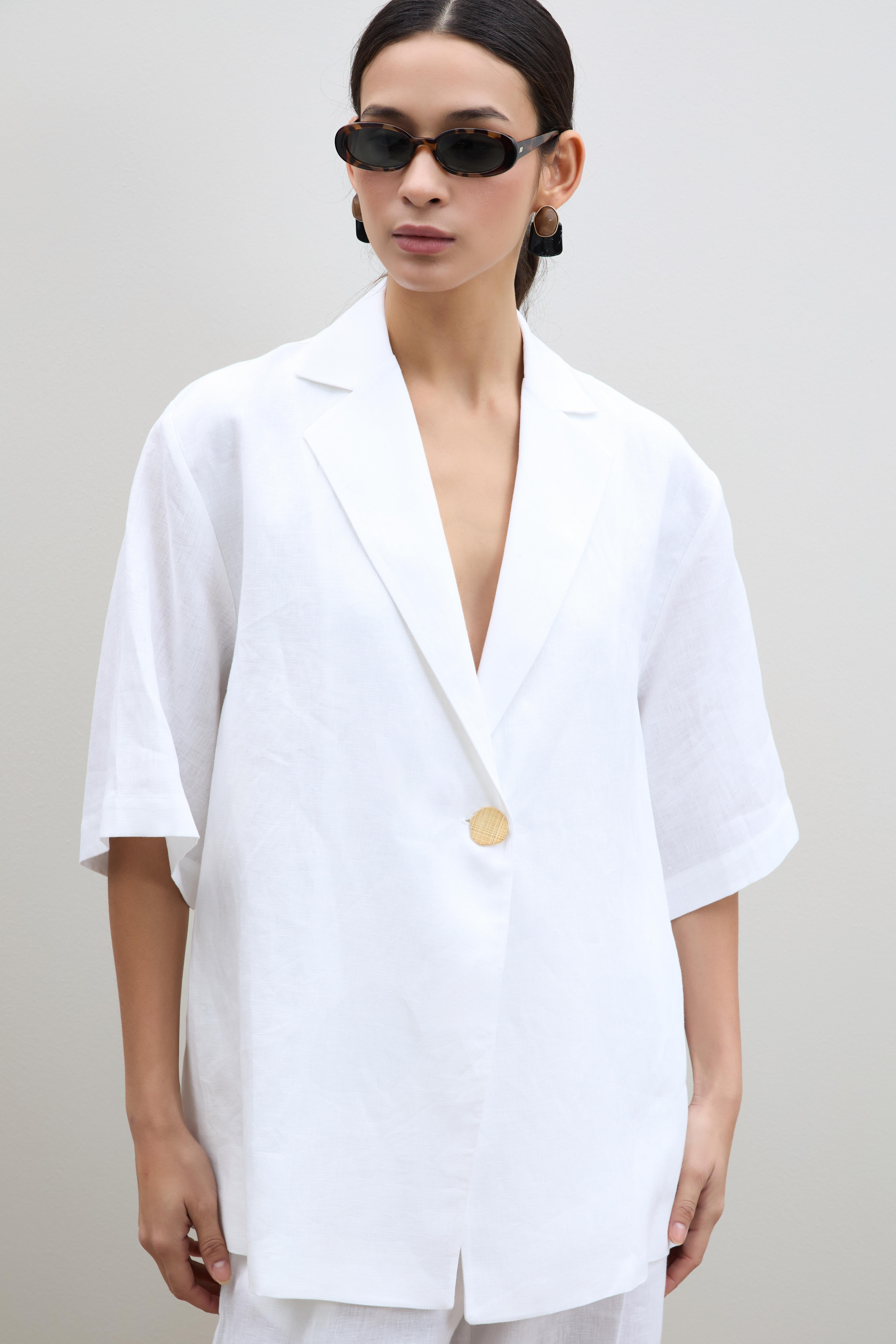 %100 Keten Oversize Düğme Detaylı Ceket