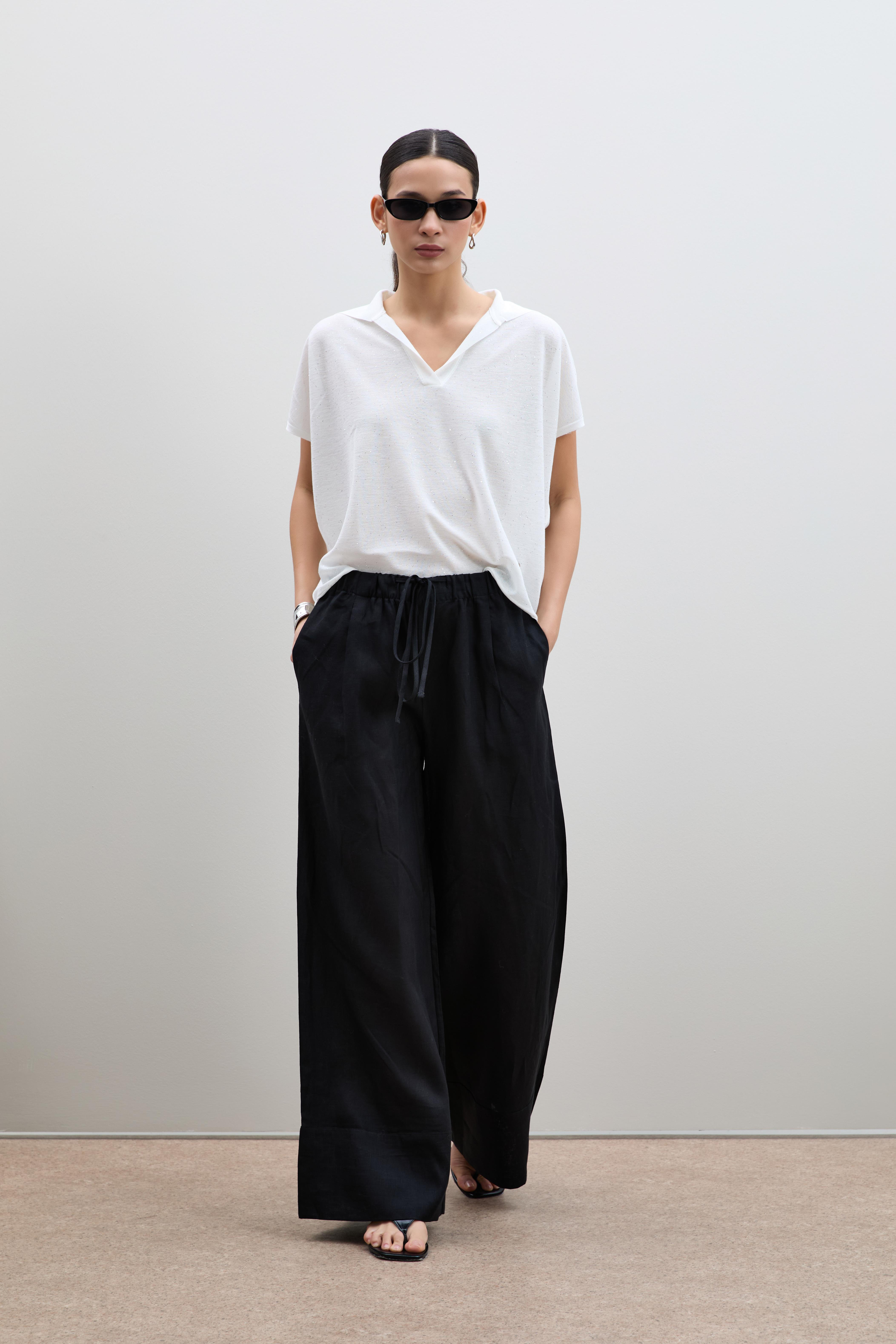 %100 Keten Palazzo Pantolon