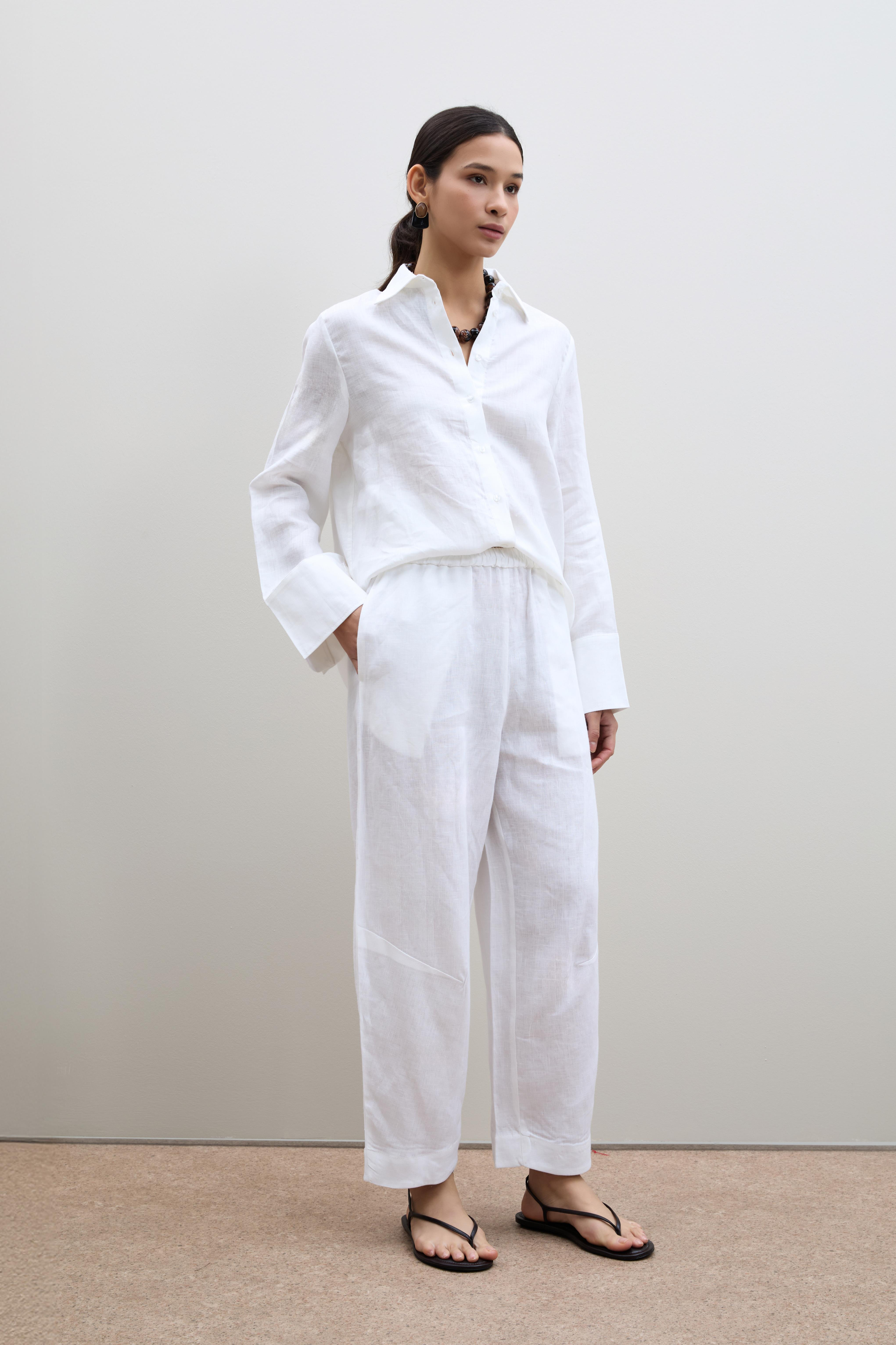 %100 Keten Yüksek Bel  Pantolon