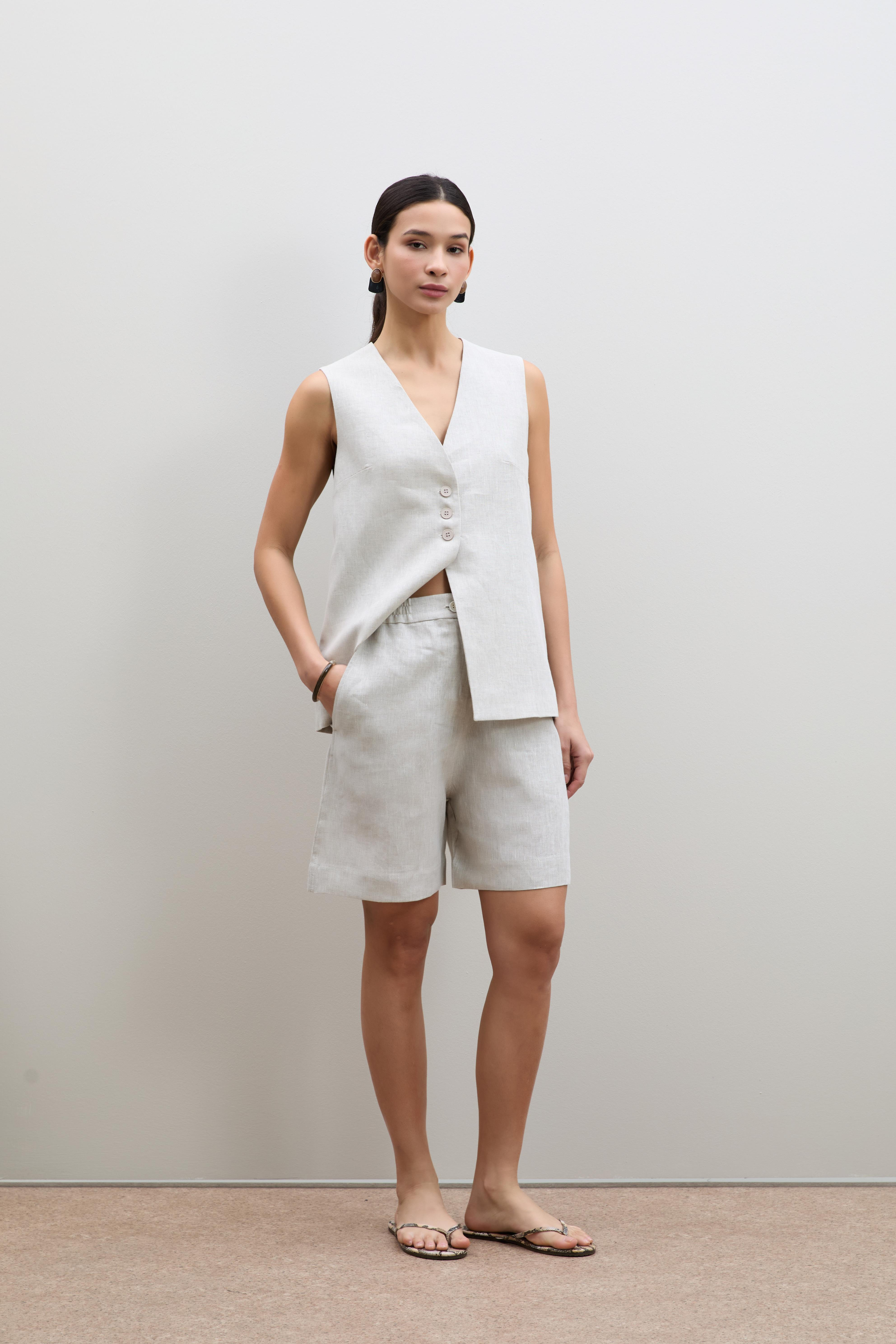 %100 Keten Yüksek Bel Şort