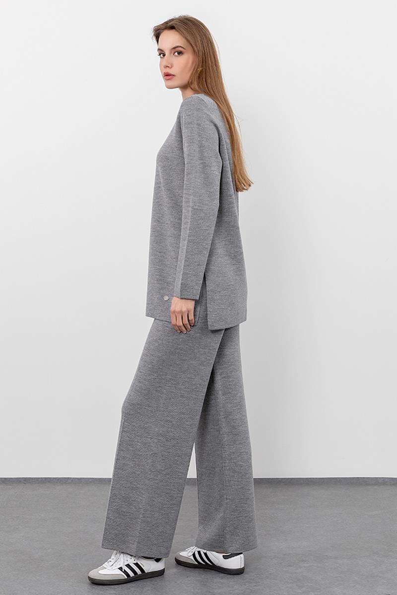 %100 Yün Yırtmaç Detaylı Bisiklet Yaka Kazak