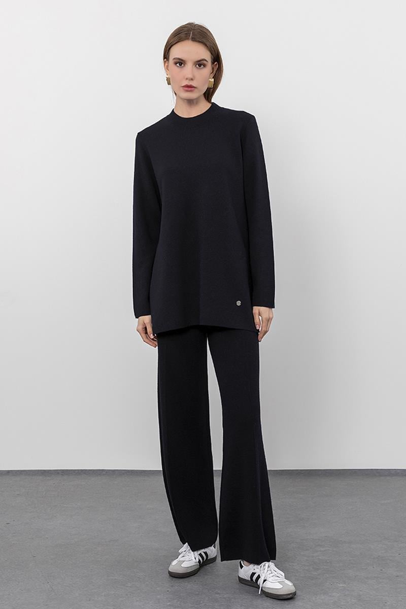 %100 Yün Yırtmaç Detaylı Bisiklet Yaka Kazak