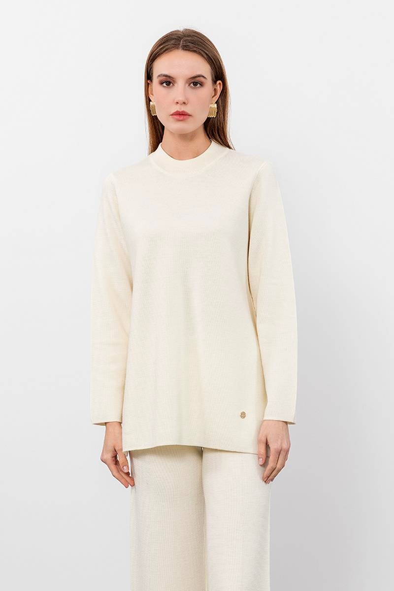 %100 Yün Yırtmaç Detaylı Bisiklet Yaka Kazak