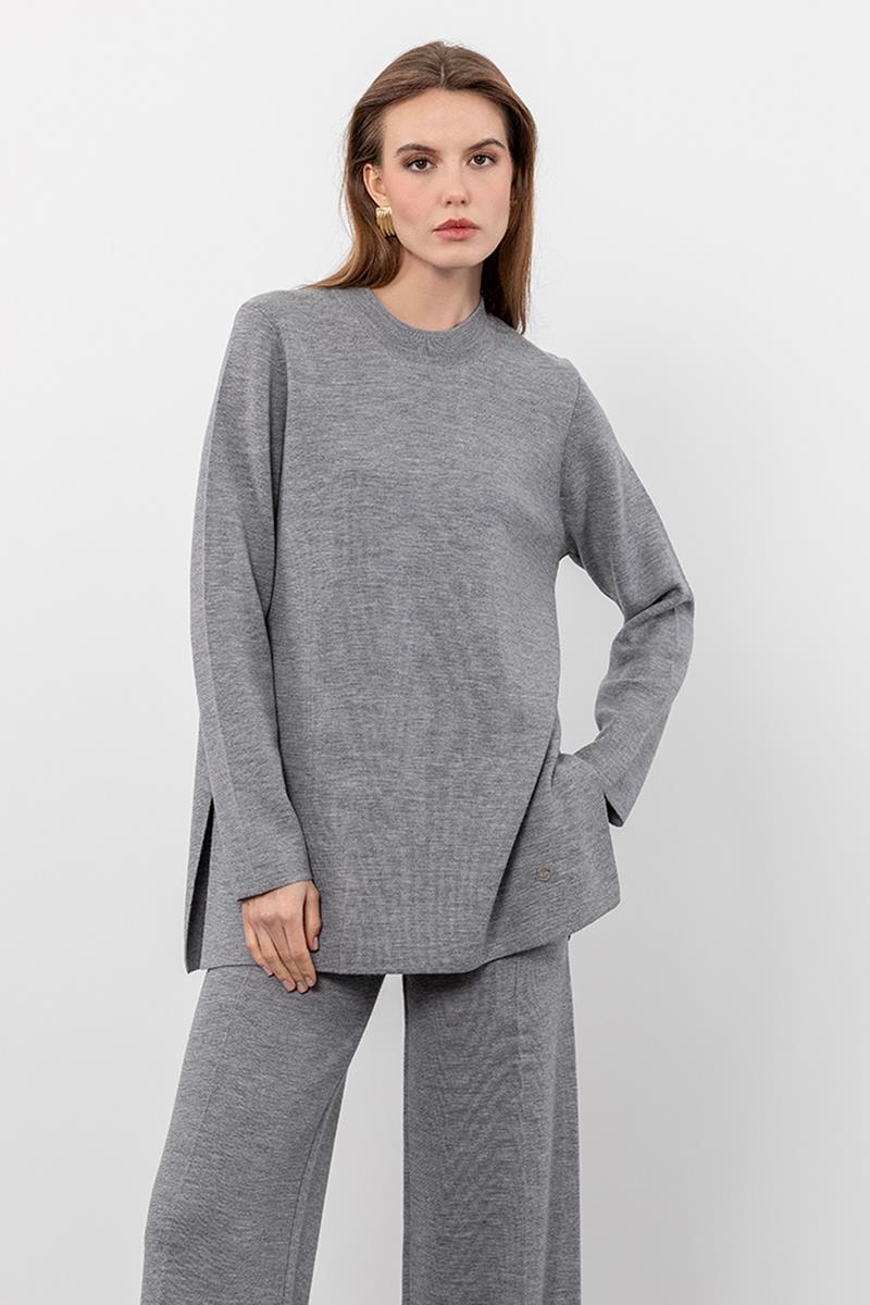 %100 Yün Yırtmaç Detaylı Bisiklet Yaka Kazak