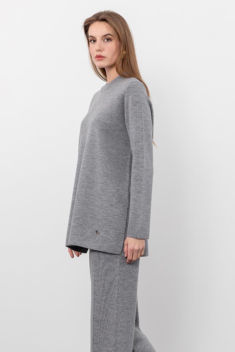 %100 Yün Yırtmaç Detaylı Bisiklet Yaka Kazak