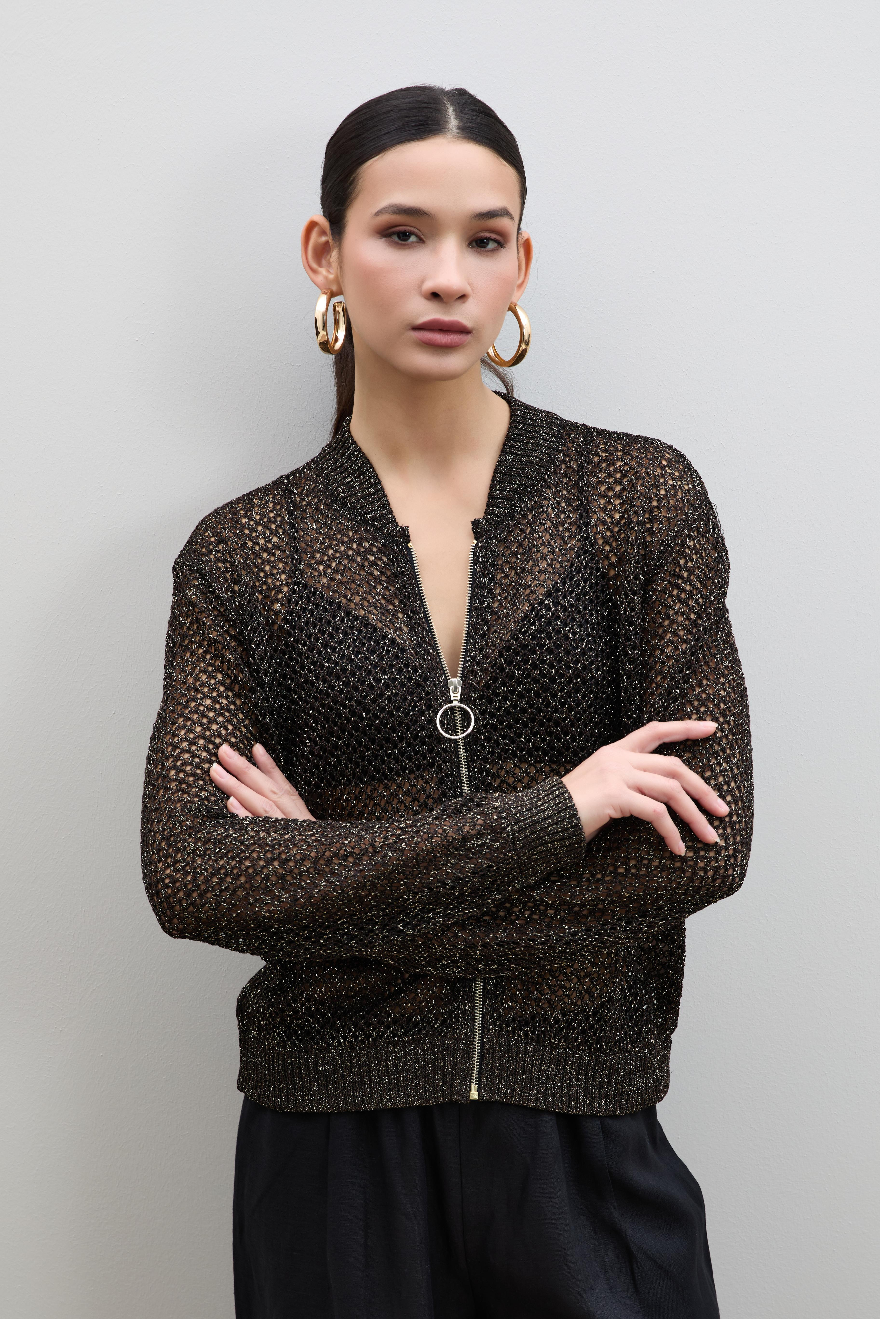 Ajurlu Metalik İpli Fermuar Detaylı Hırka