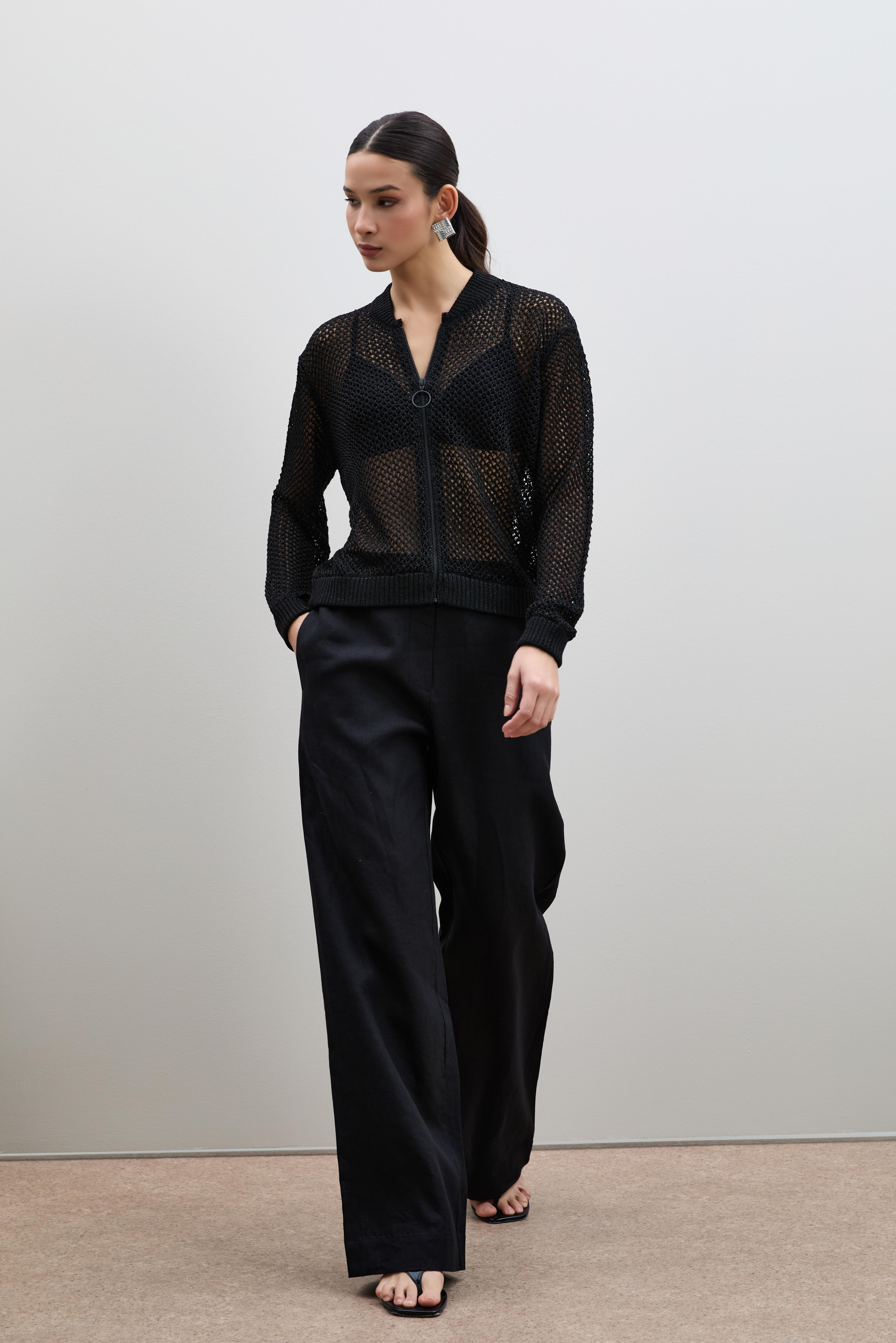 Ajurlu Metalik İpli Fermuar Detaylı Hırka