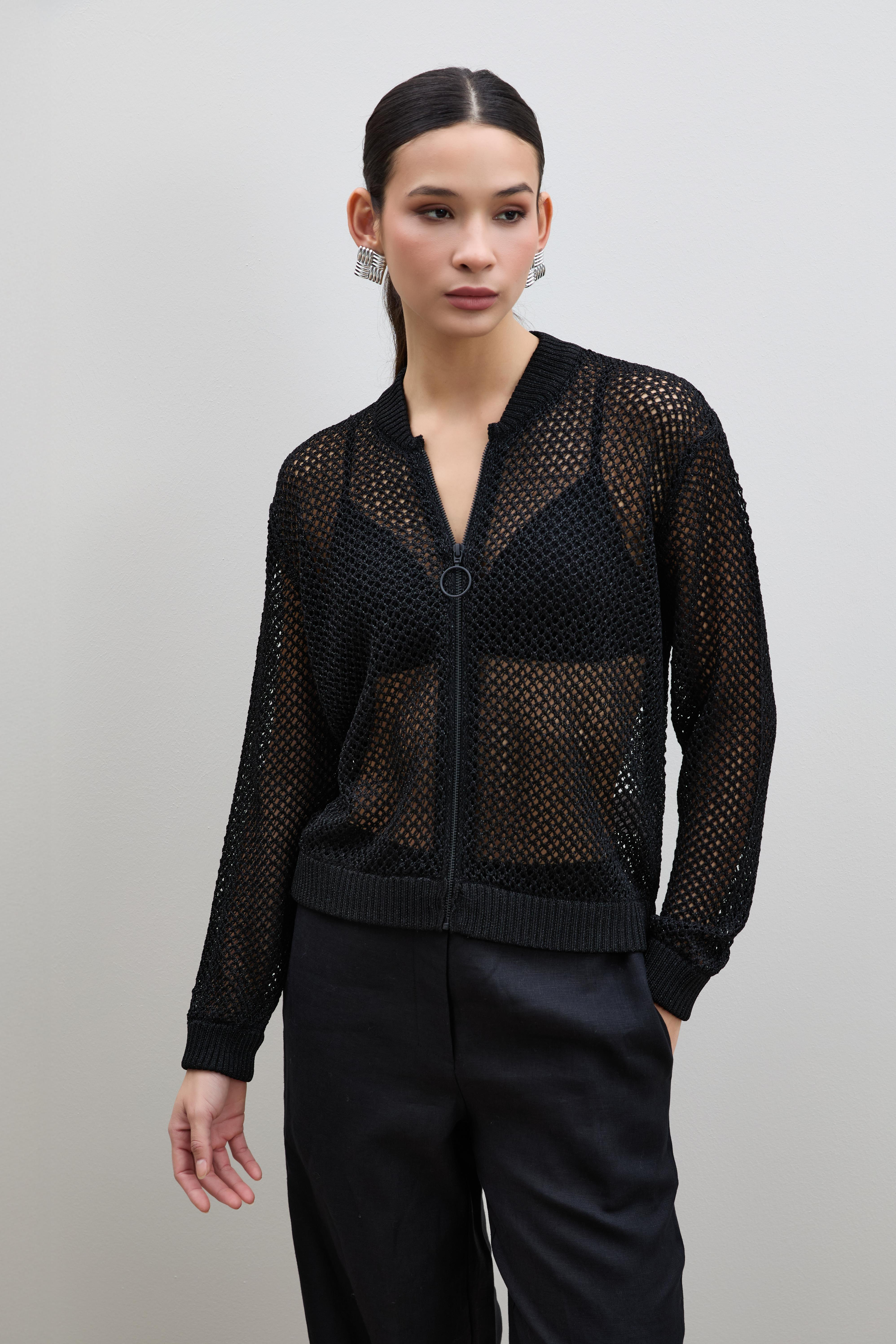 Ajurlu Metalik İpli Fermuar Detaylı Hırka