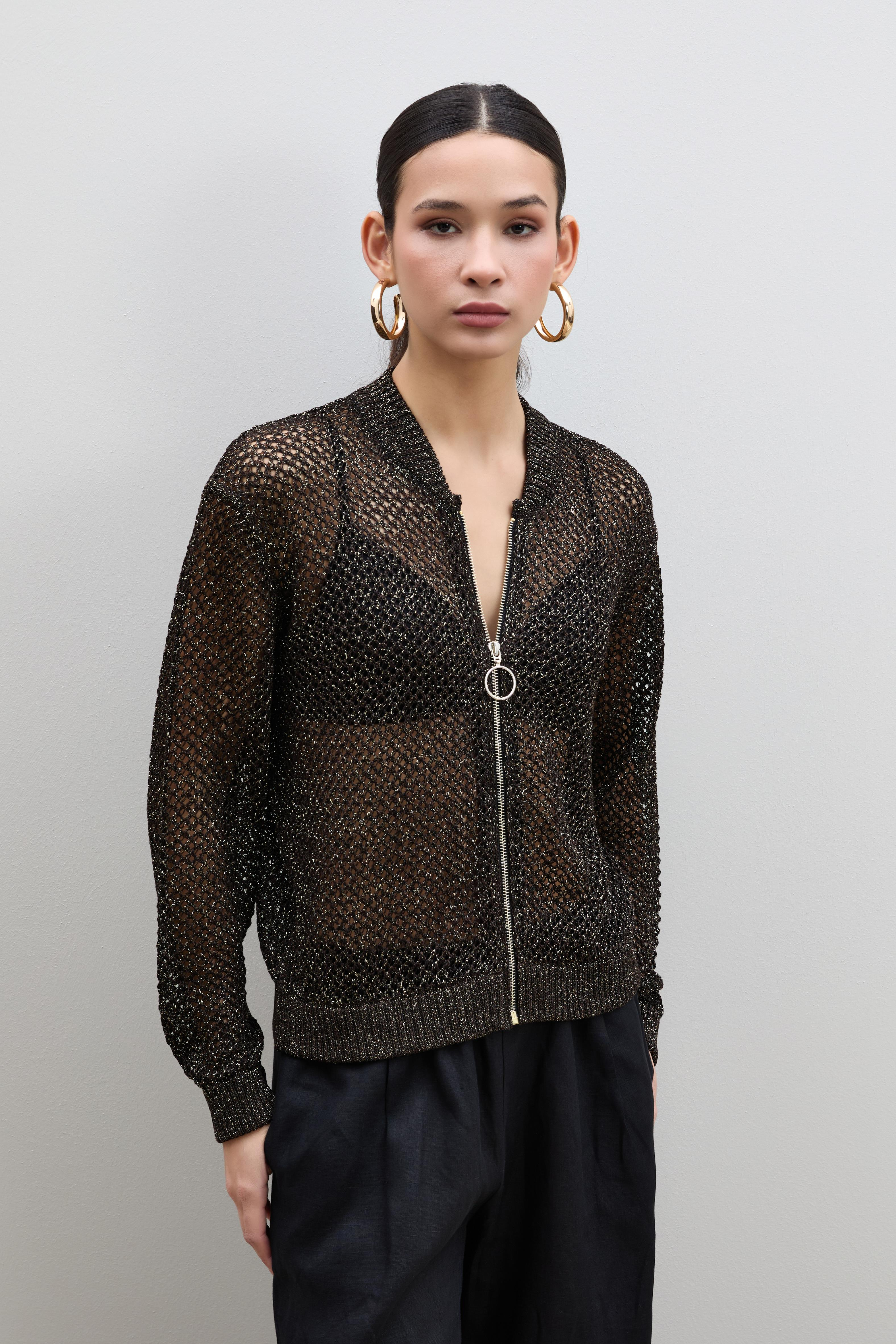 Ajurlu Metalik İpli Fermuar Detaylı Hırka