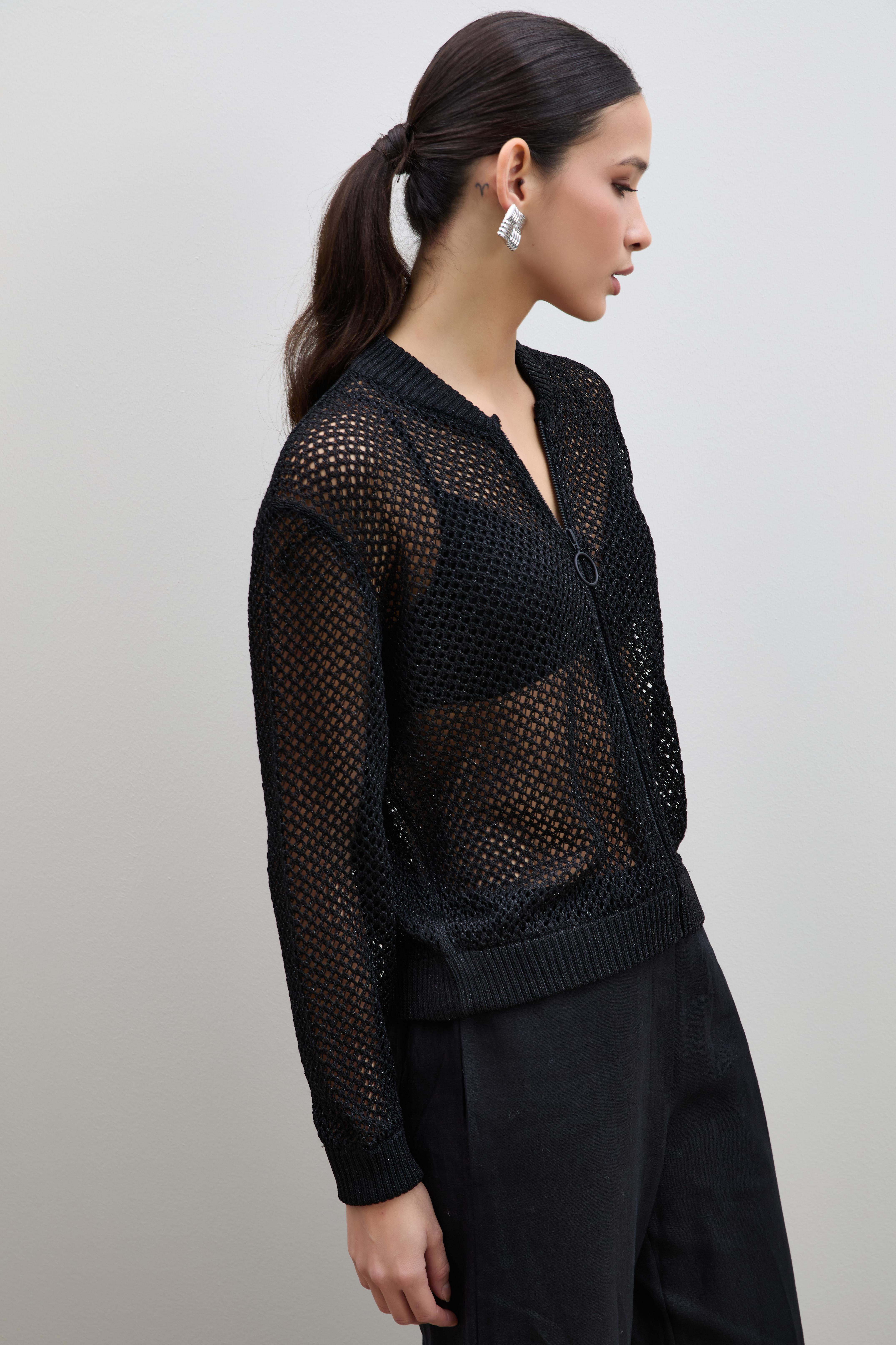 Ajurlu Metalik İpli Fermuar Detaylı Hırka