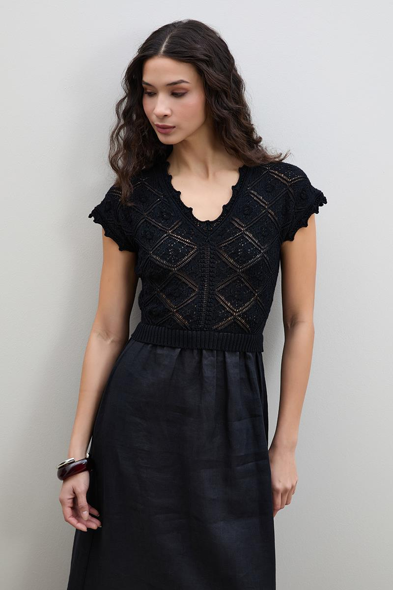 Льняное Миди-Платье С Ажурными Деталями