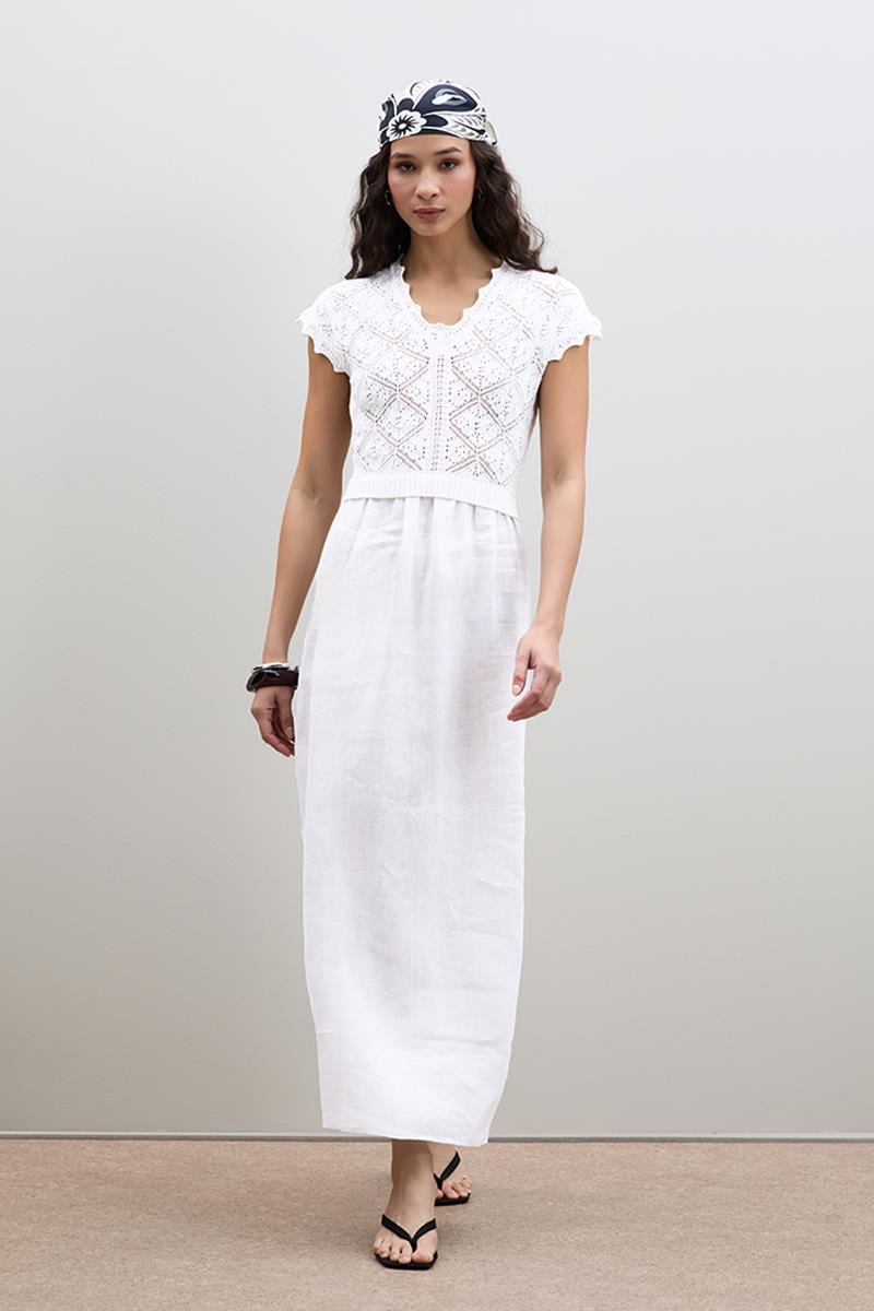 Льняное Миди-Платье С Ажурными Деталями