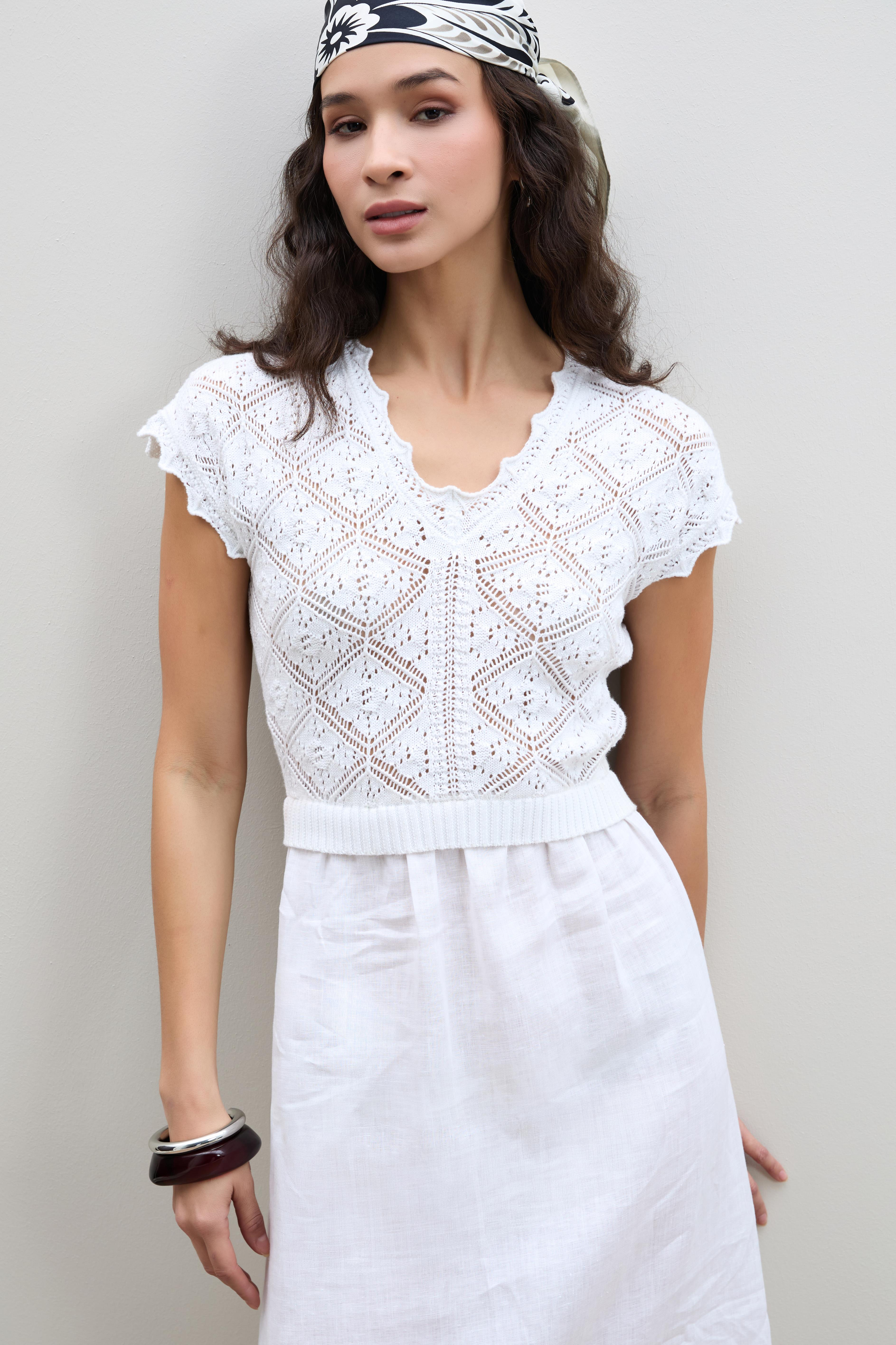 Льняное Миди-Платье С Ажурными Деталями