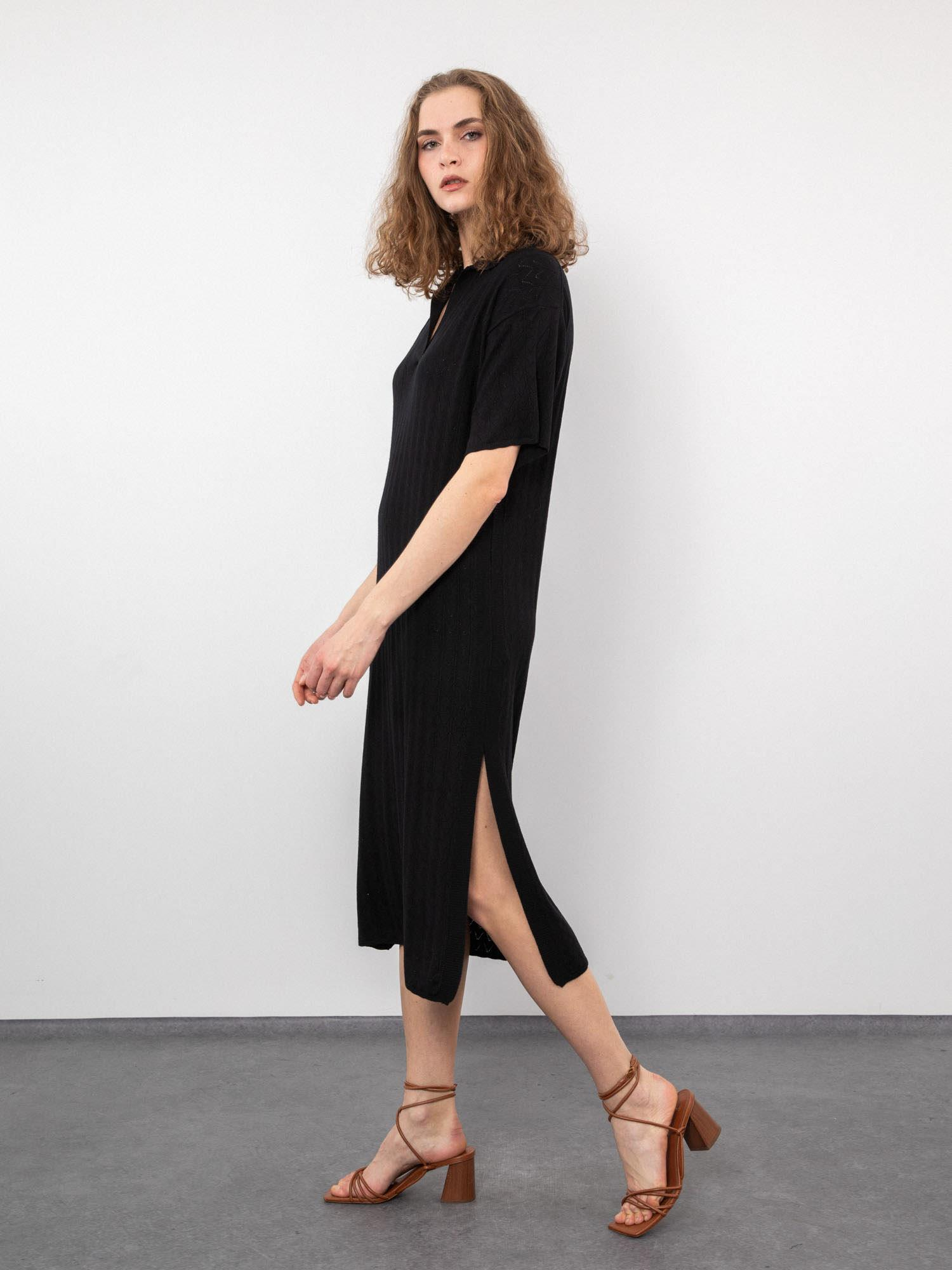 Ajurlu Polo Yaka Yırtmaç Detaylı Elbise