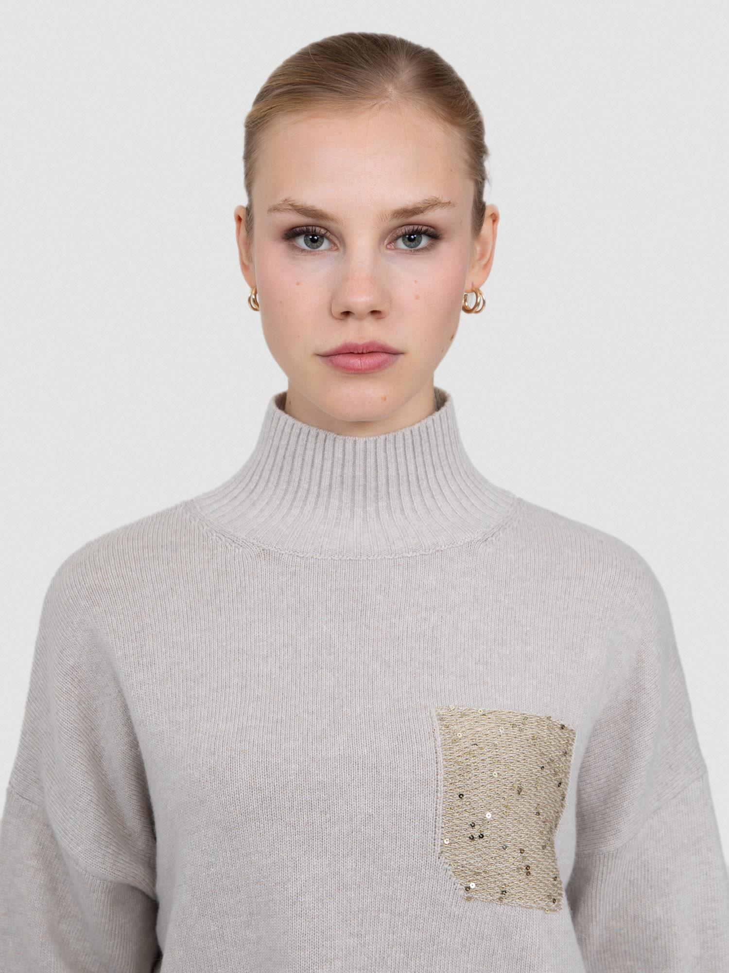 Balıkçı Yaka Payetli Cep Detaylı Kazak