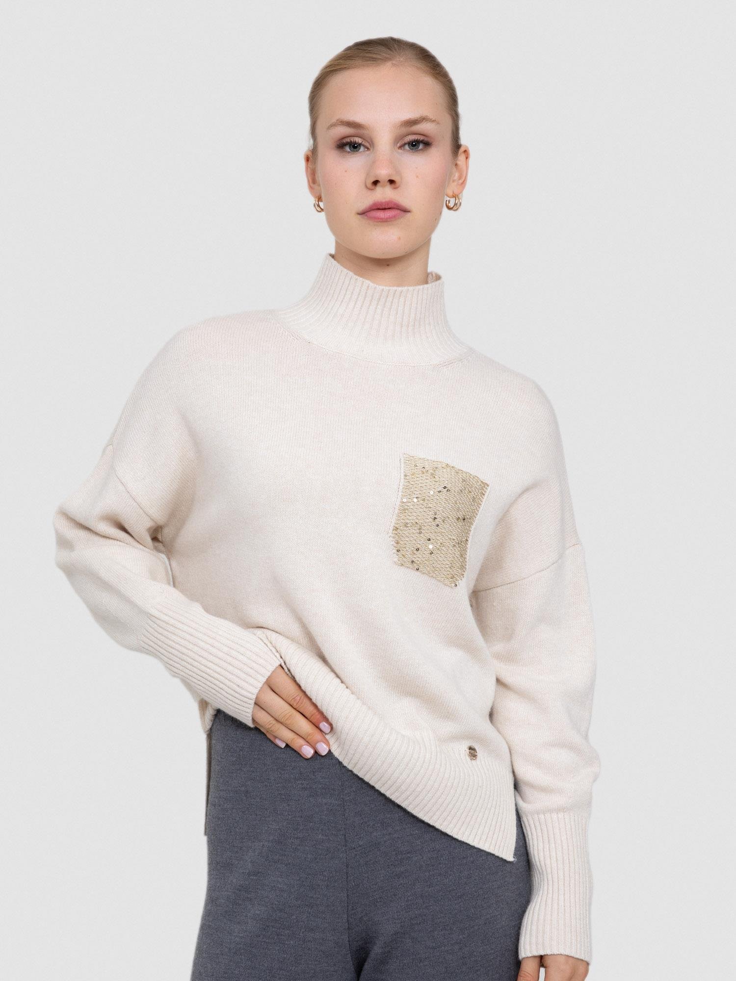 Balıkçı Yaka Payetli Cep Detaylı Kazak