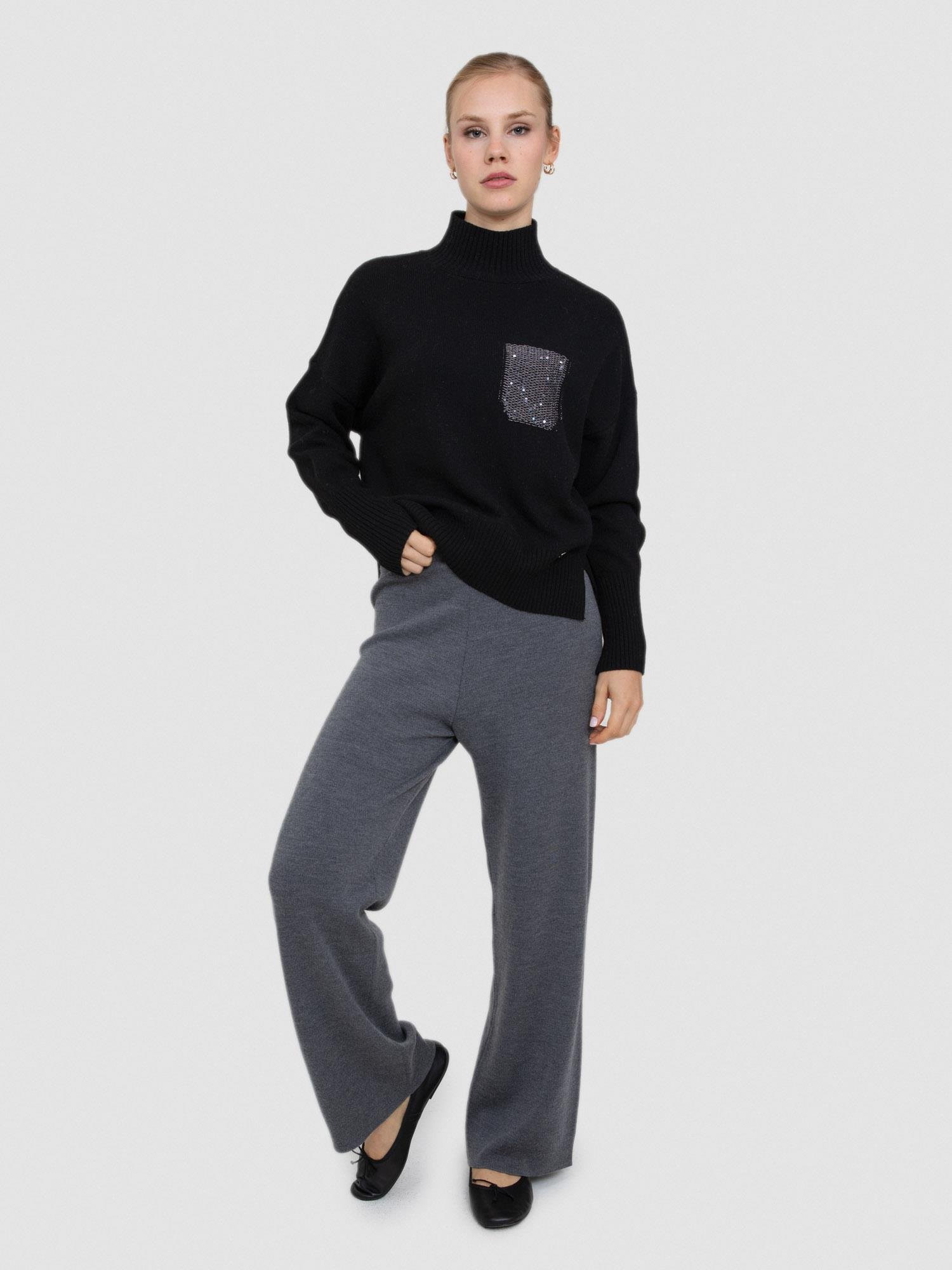 Balıkçı Yaka Payetli Cep Detaylı Kazak