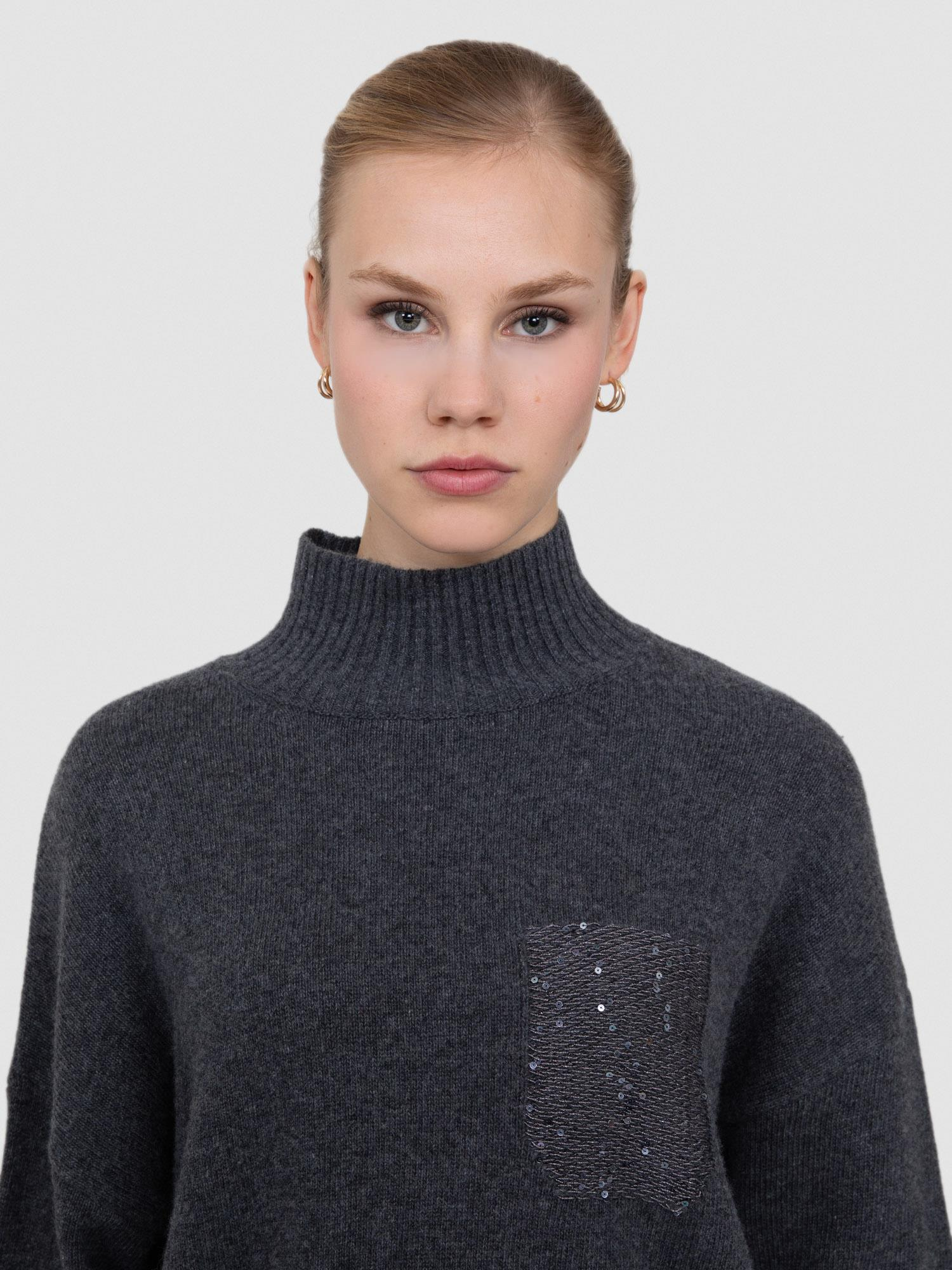 Balıkçı Yaka Payetli Cep Detaylı Kazak