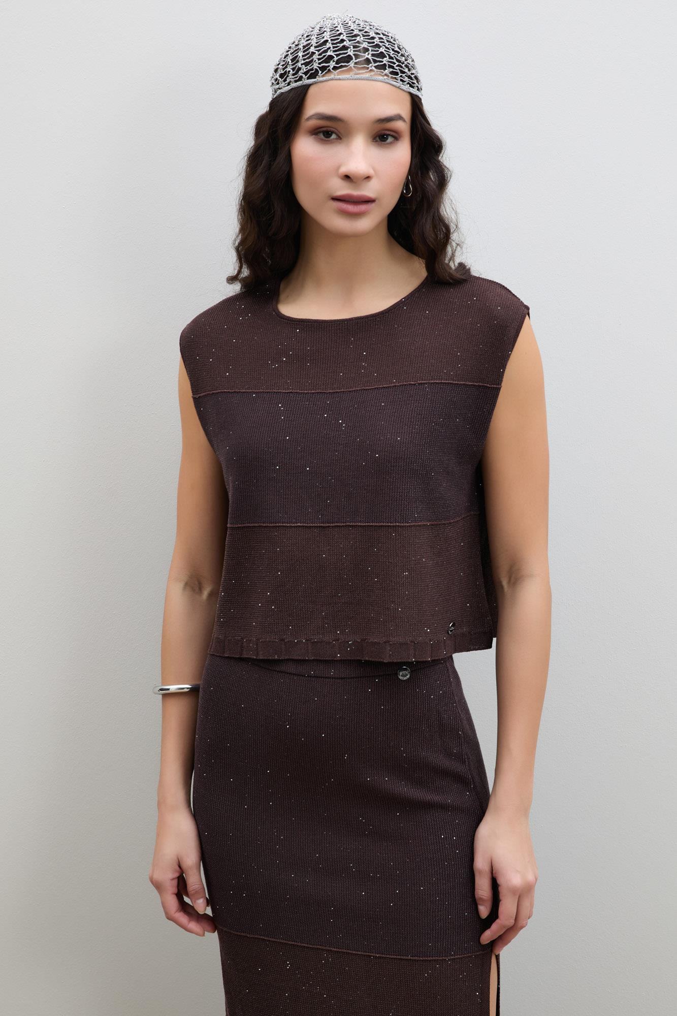 Свитер с круглым вырезом и мини-пайетками с полосатыми деталями