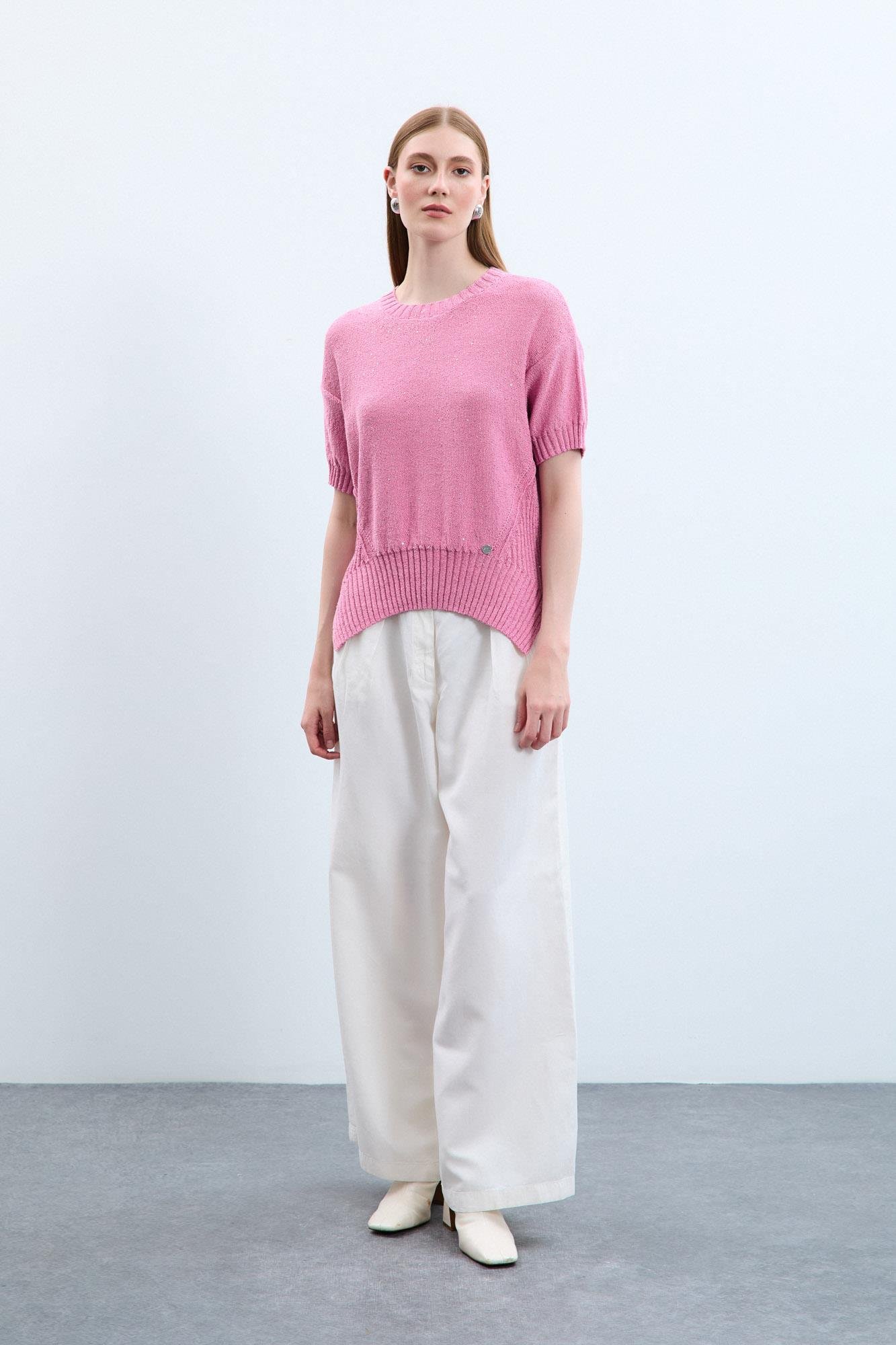 Bisiklet Yaka Örgü Detaylı Pullu Kazak