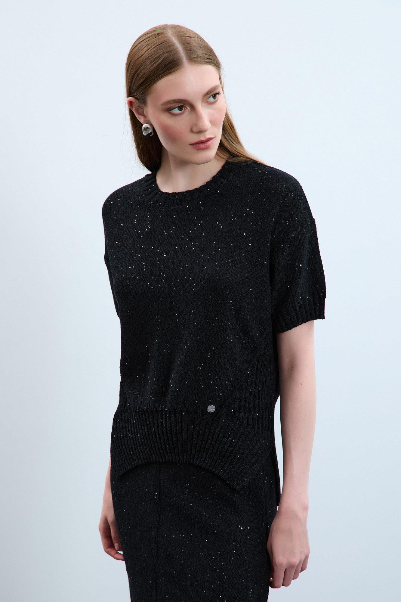 Bisiklet Yaka Örgü Detaylı Pullu Kazak