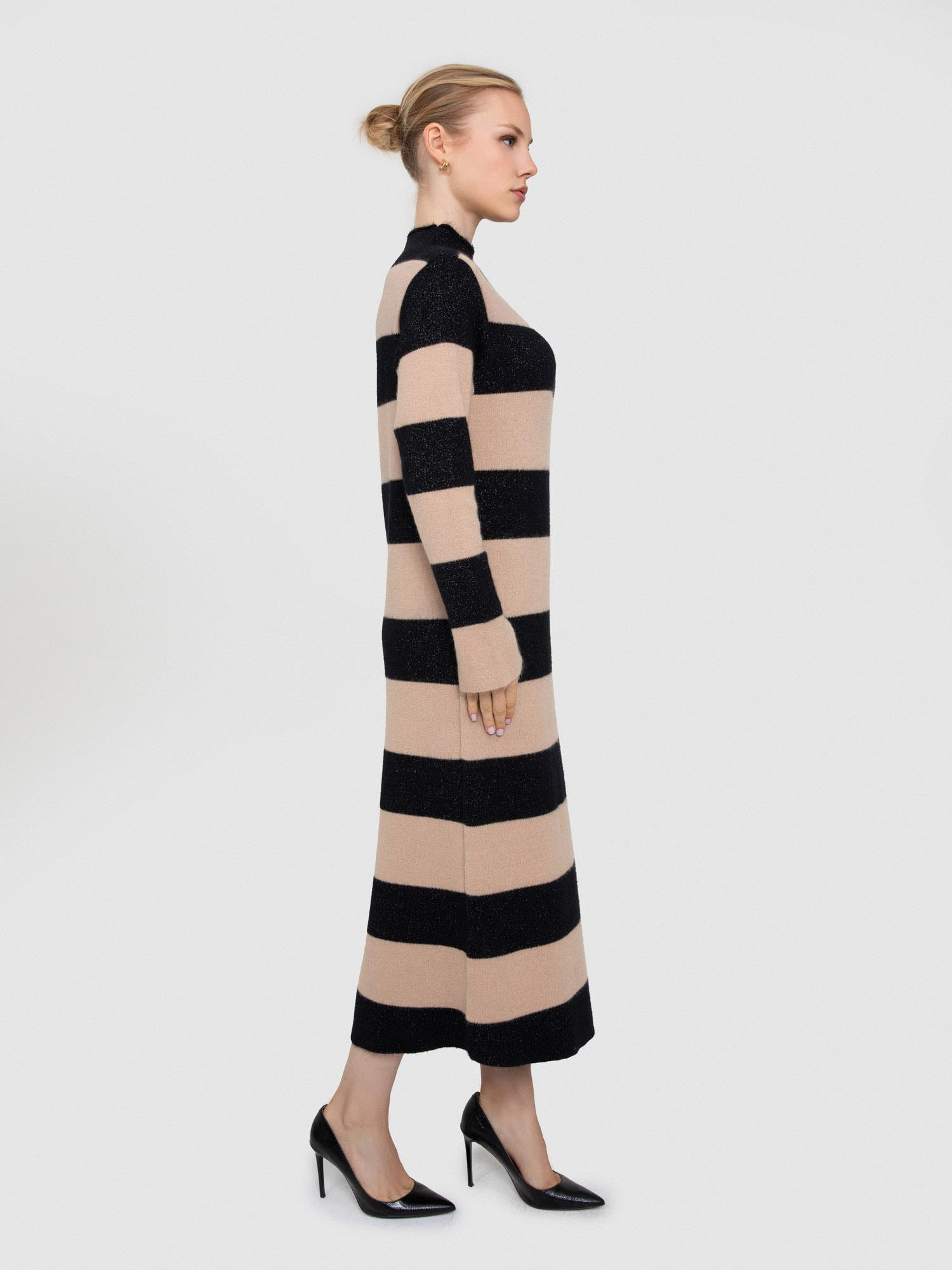 Çizgili Balıkçı Yaka Metalik İpli Elbise