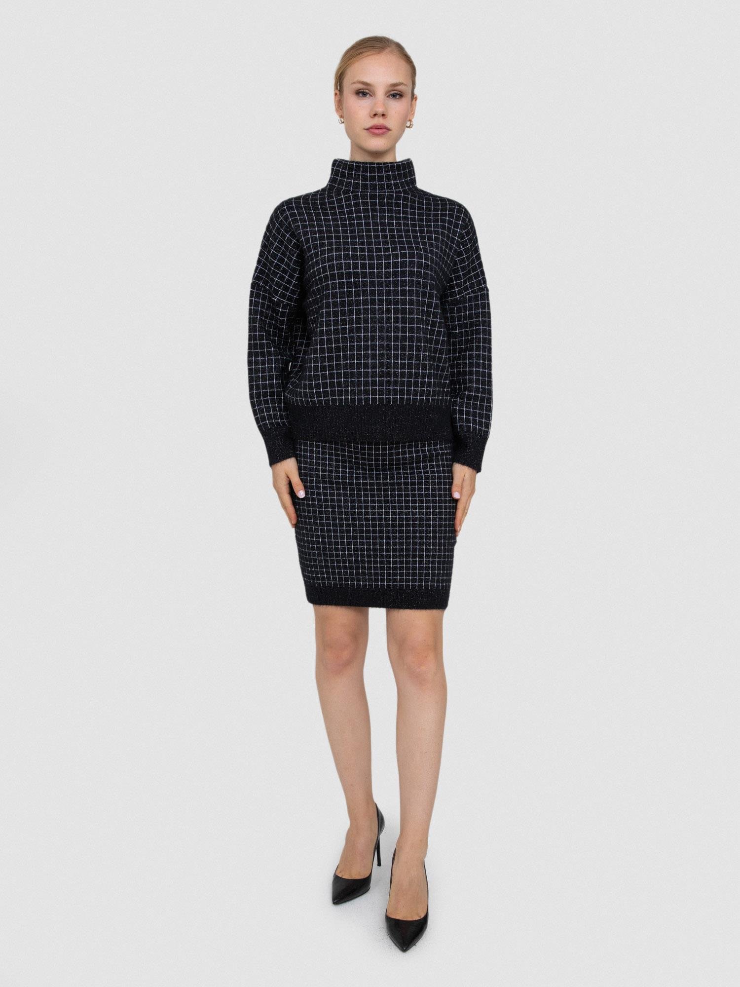 Kareli Metalik Tüylü Balıkçı Yaka Kazak