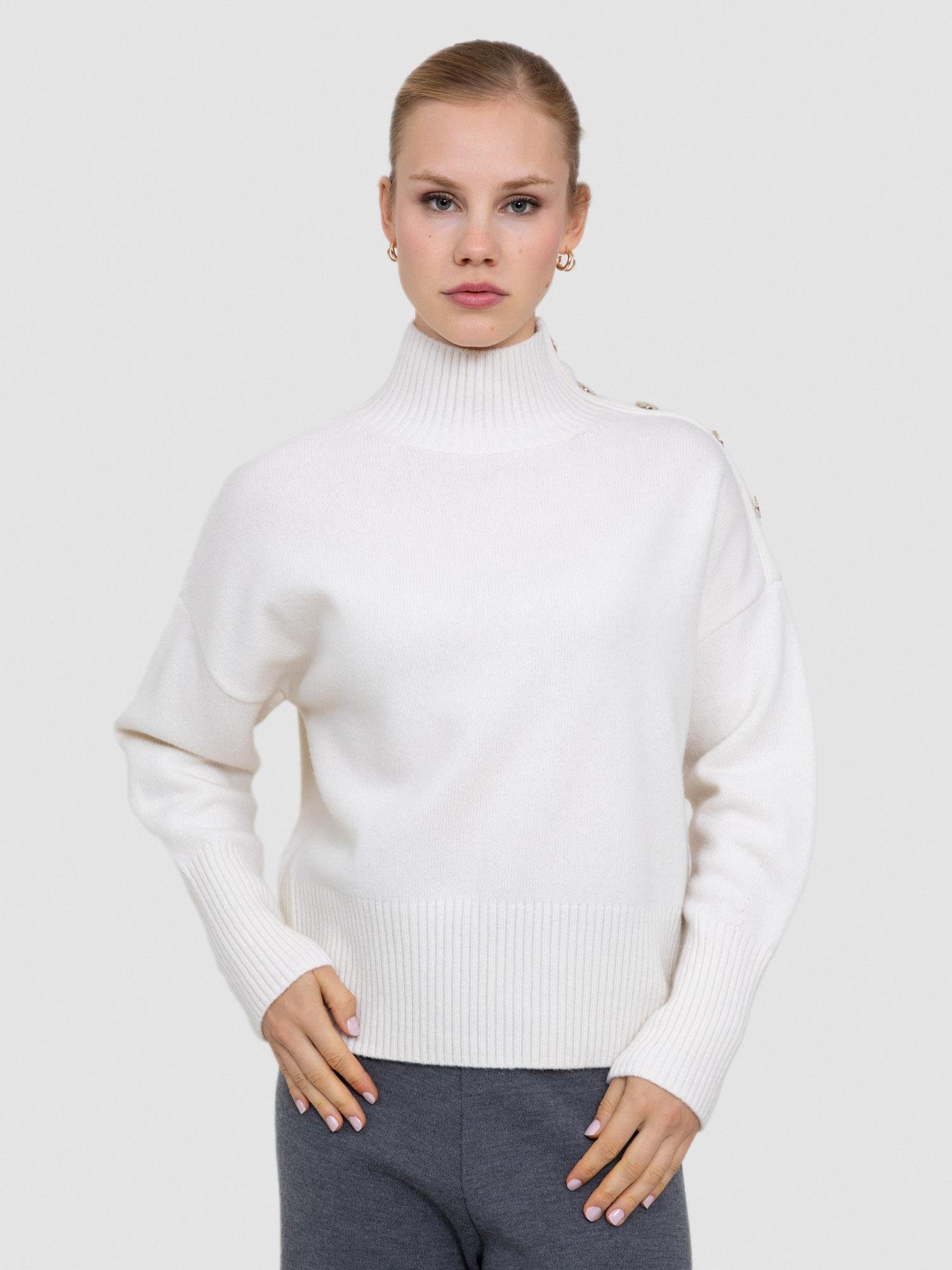 Kaşmir ve Yün Karışımlı Balıkçı Yaka Düğme Detaylı Kazak