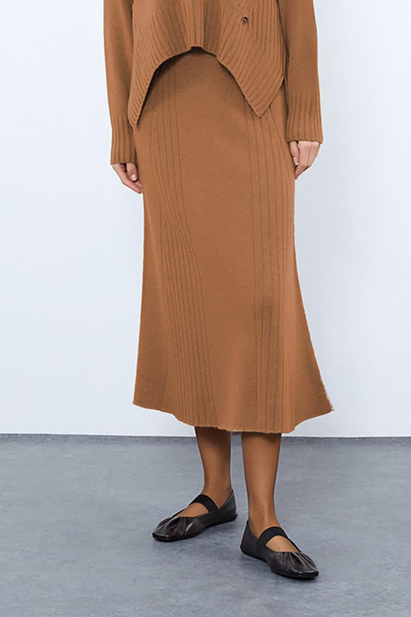 Kaşmir ve Yün Karışımlı Fitil Detaylı Midi Etek