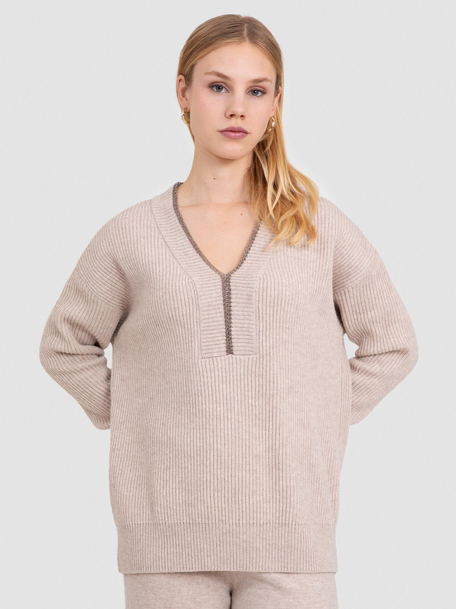 Свитер из смеси кашемира и шерсти в рубчик с металлизированной нитью