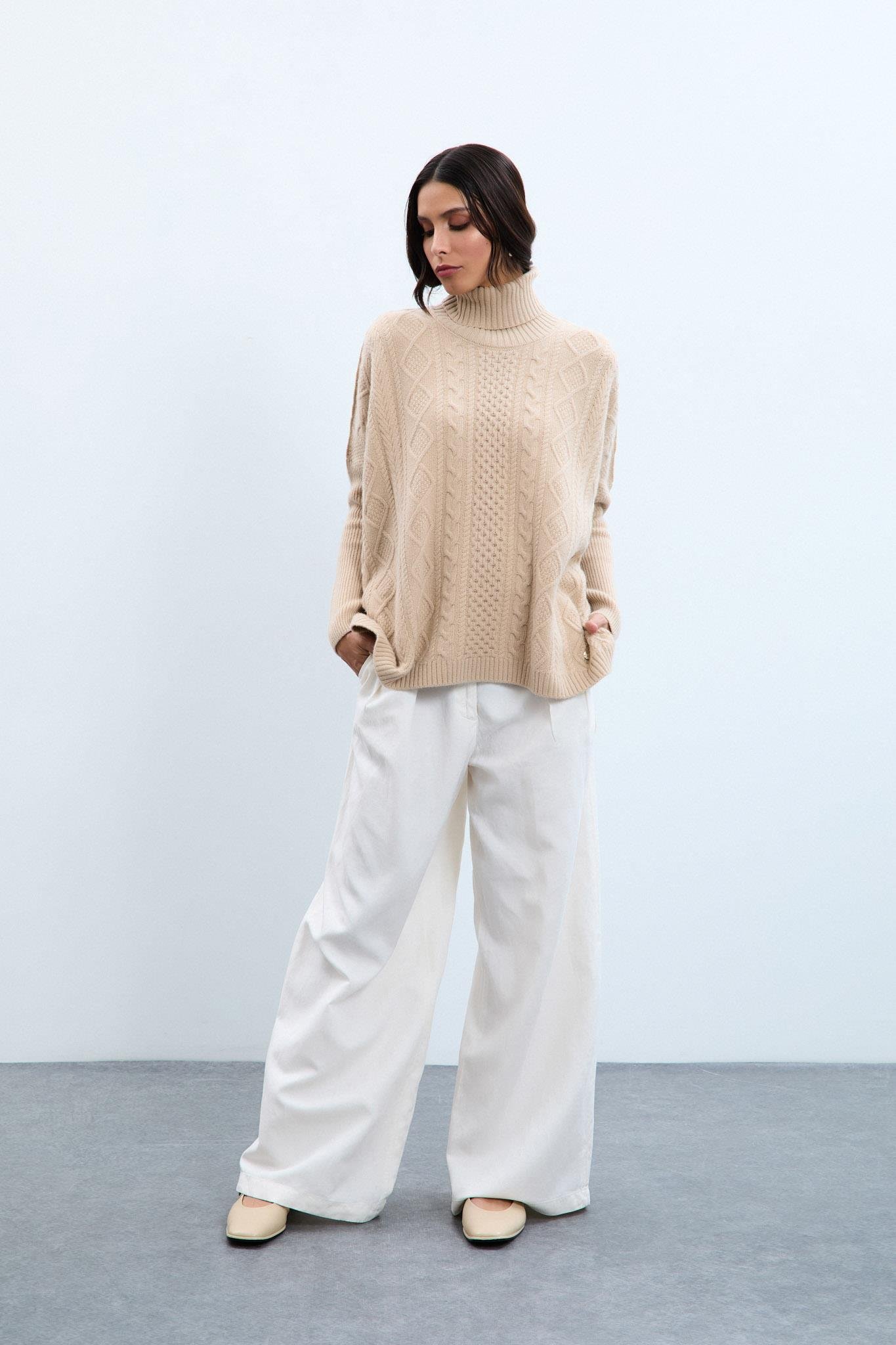 Kaşmir ve Yün Karışımlı Örgü Oyunlu Balıkçı Yaka Kazak