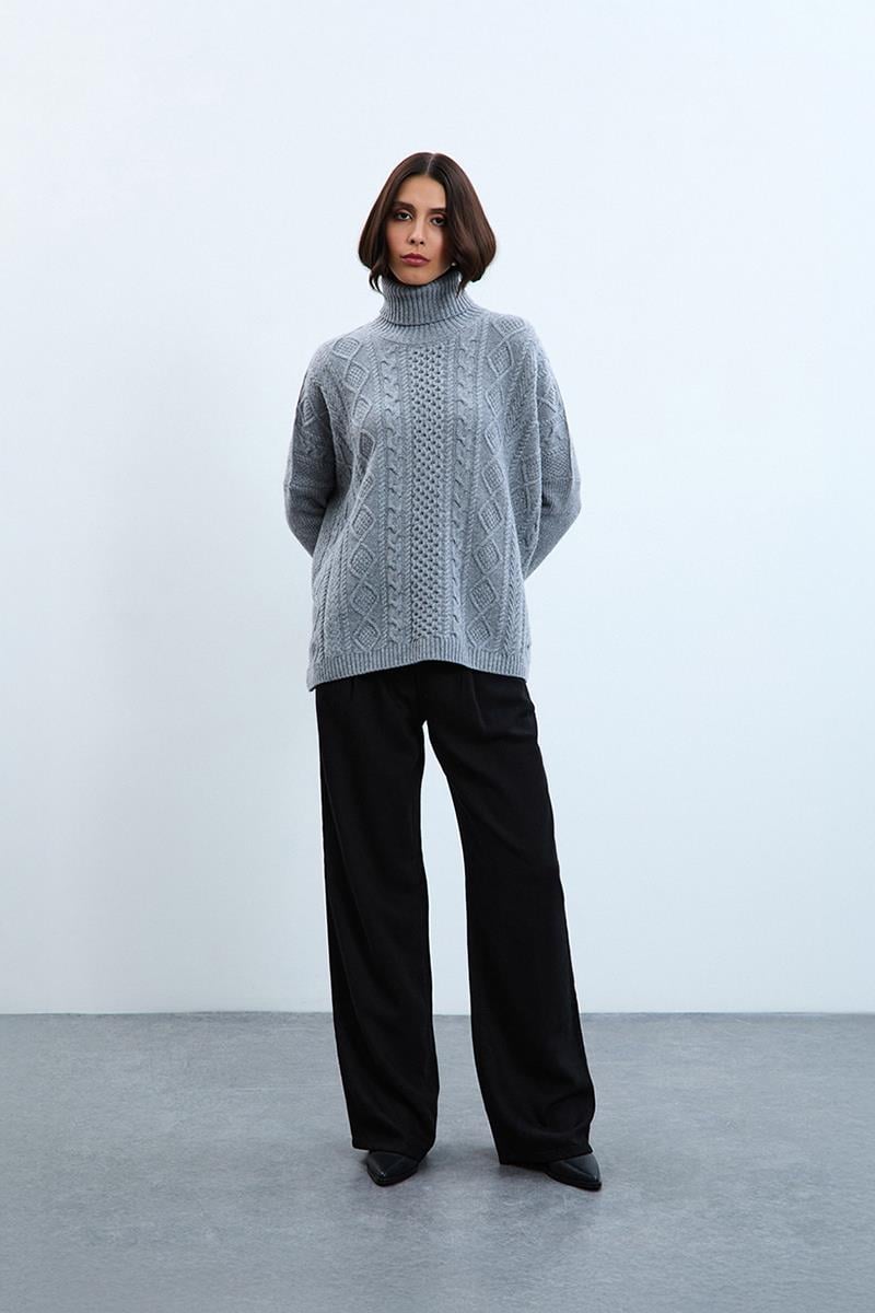 Kaşmir ve Yün Karışımlı Örgü Oyunlu Balıkçı Yaka Kazak