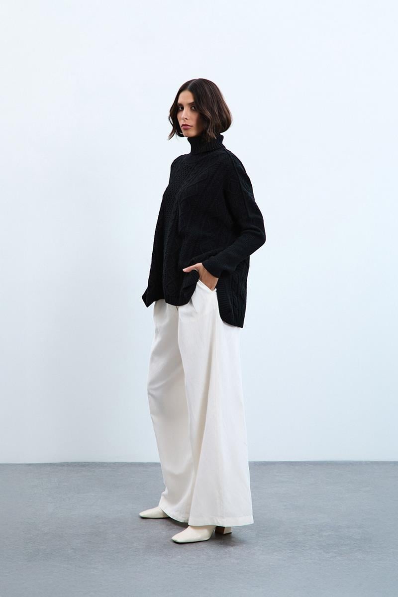 Kaşmir ve Yün Karışımlı Örgü Oyunlu Balıkçı Yaka Kazak