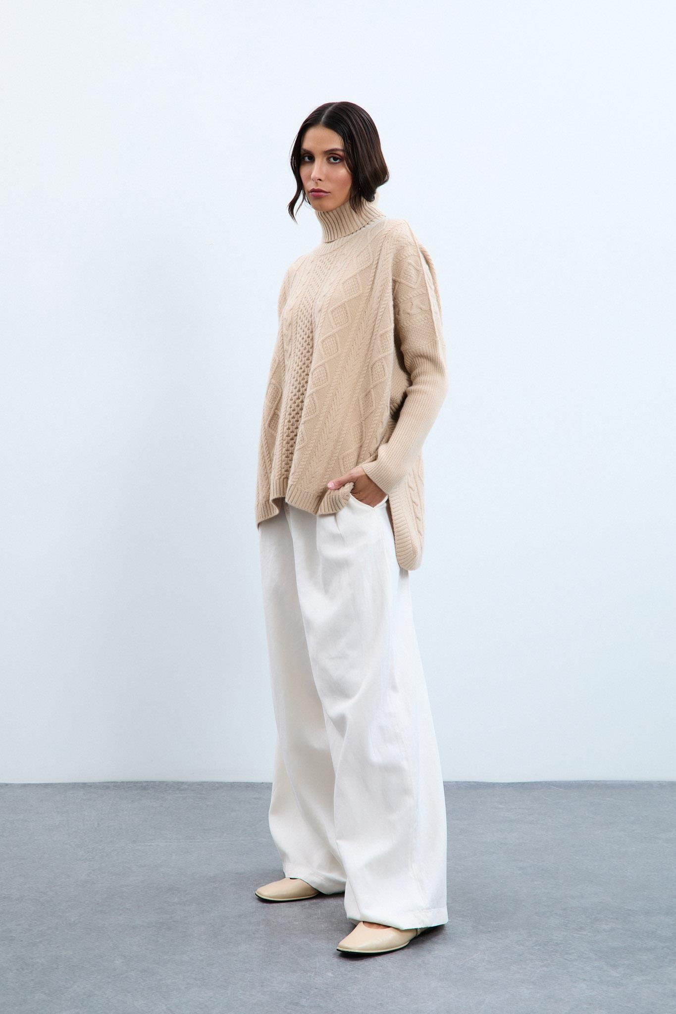 Kaşmir ve Yün Karışımlı Örgü Oyunlu Balıkçı Yaka Kazak