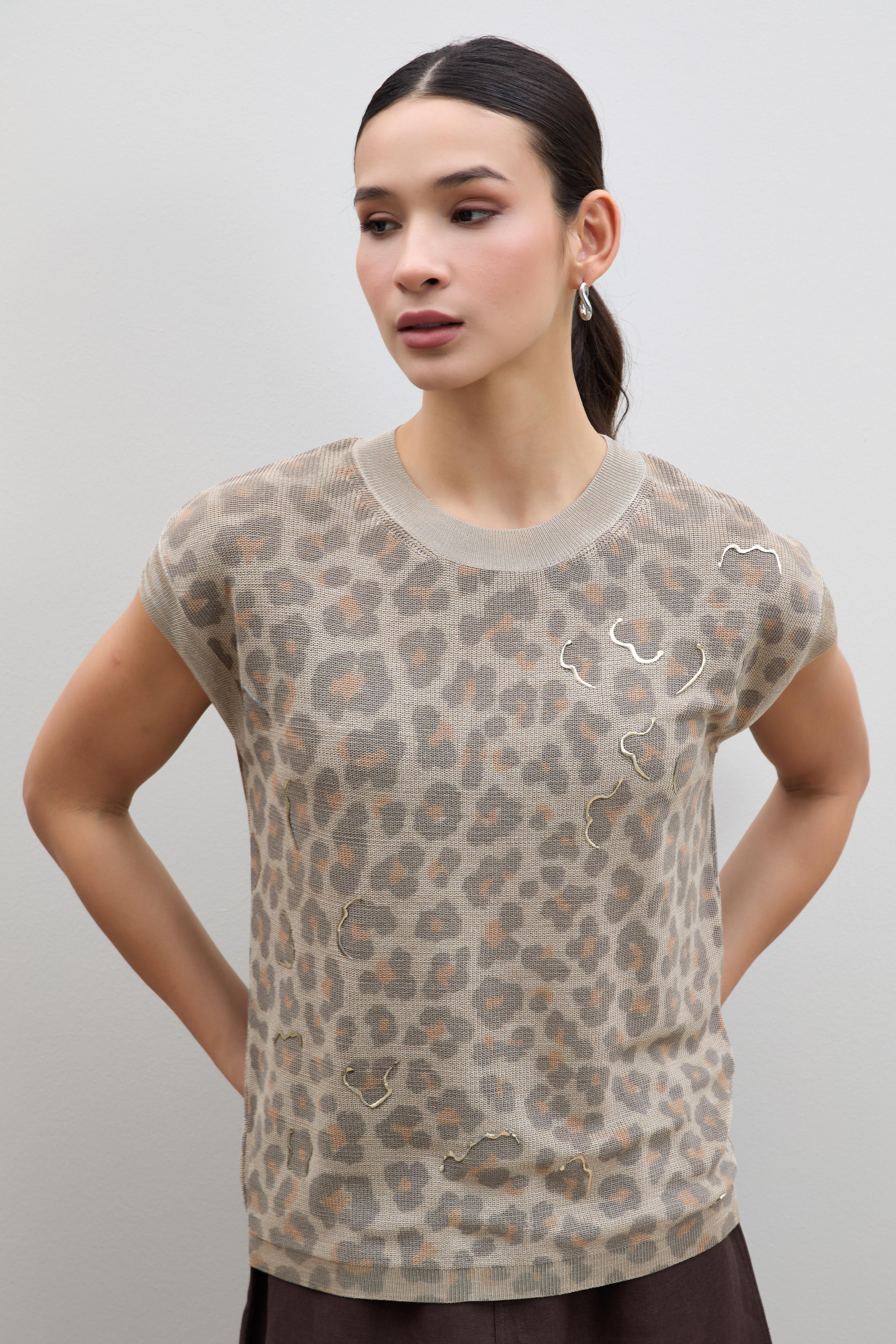 Leopar Baskılı Varak Detaylı Kazak