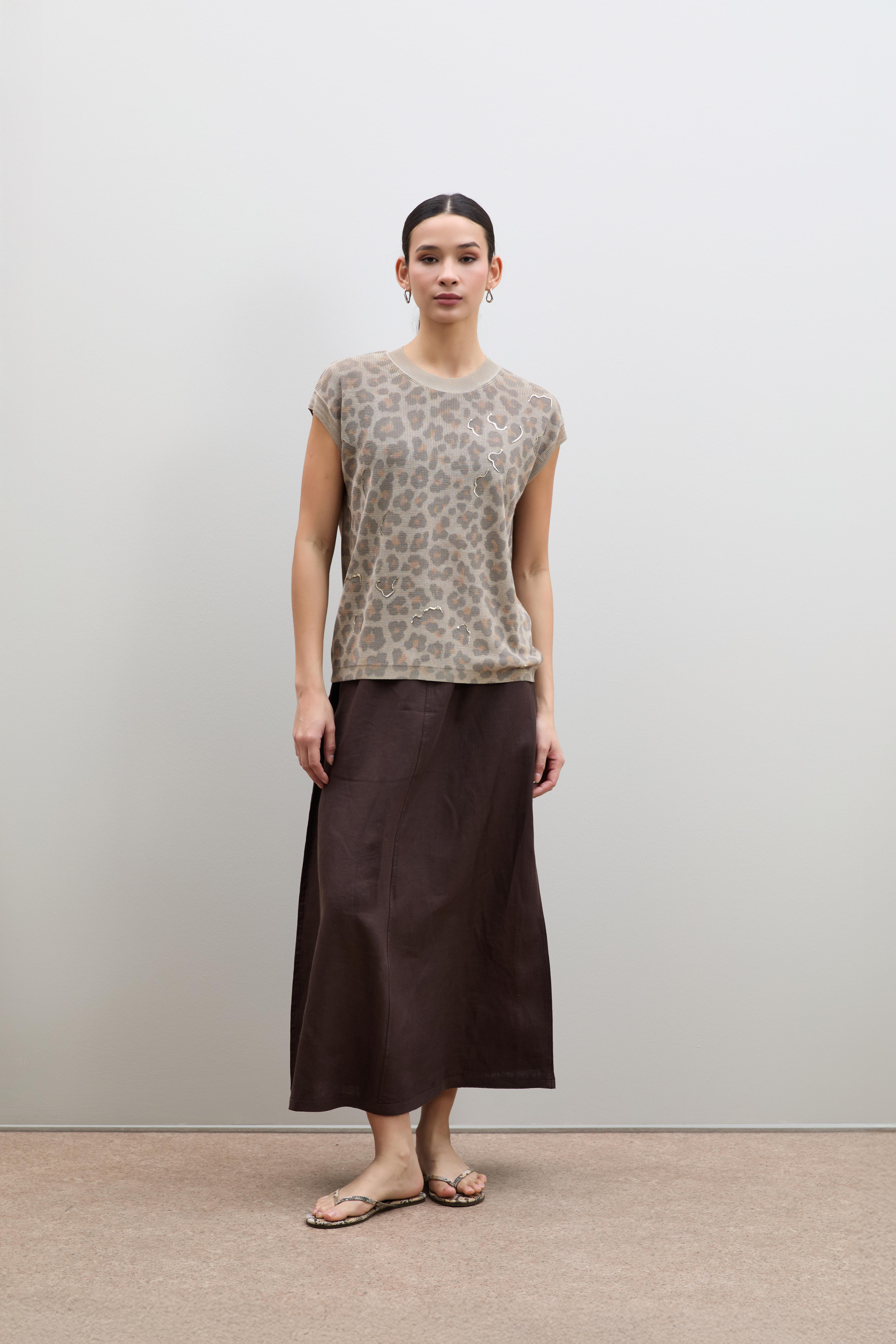 Leopar Baskılı Varak Detaylı Kazak