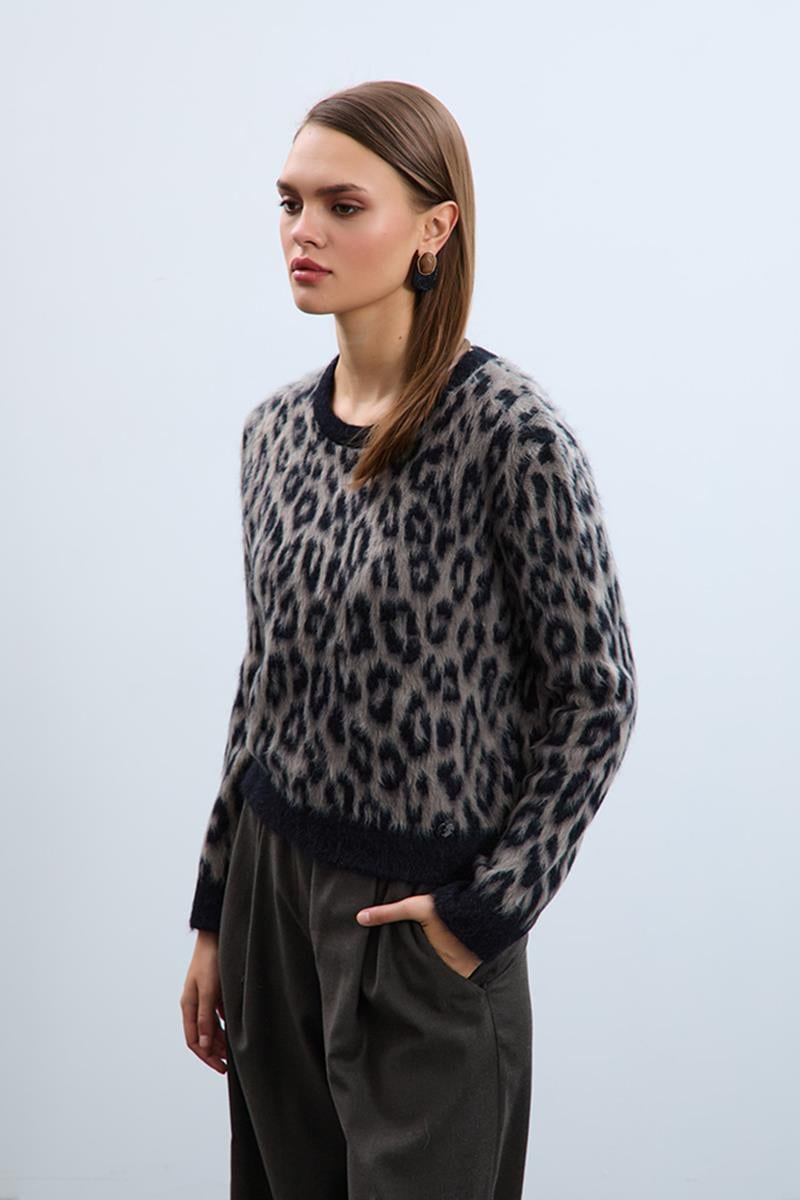 Leopar Desenli Bisiklet Yaka Tüylü Kazak