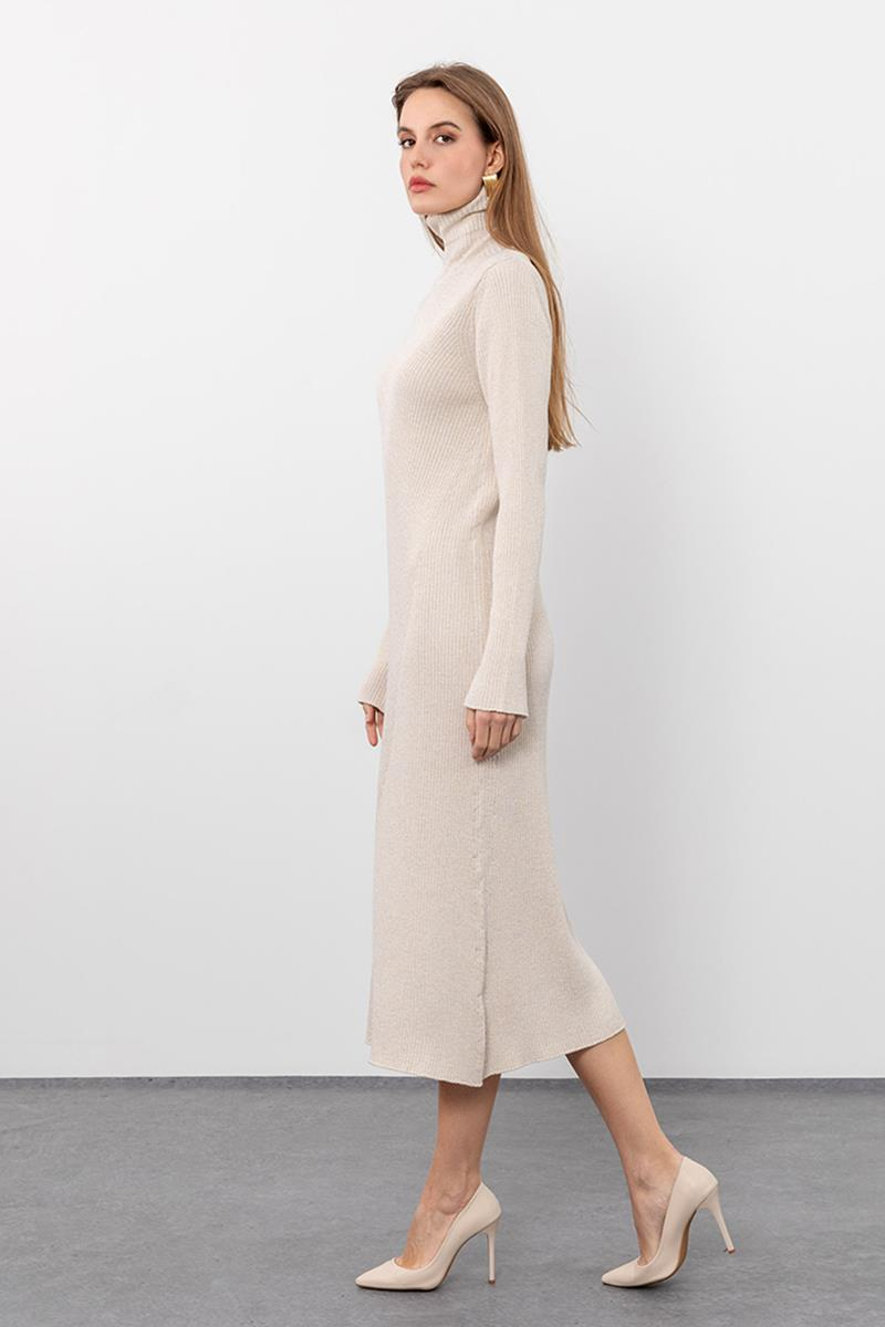 Metallic Thread Detailed Ribbed High Neck Midi Dress