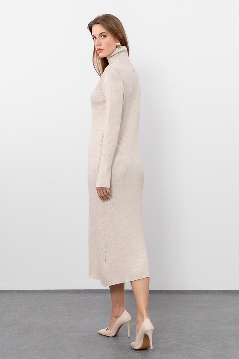 Metallic Thread Detailed Ribbed High Neck Midi Dress