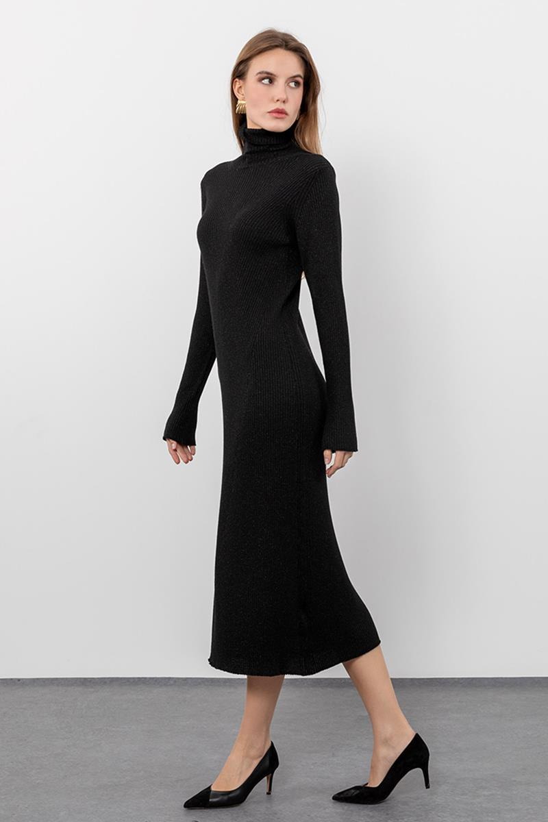 Metallic Thread Detailed Ribbed High Neck Midi Dress