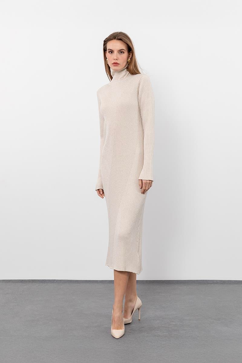 Metallic Thread Detailed Ribbed High Neck Midi Dress