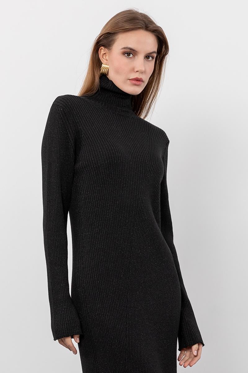 Metallic Thread Detailed Ribbed High Neck Midi Dress
