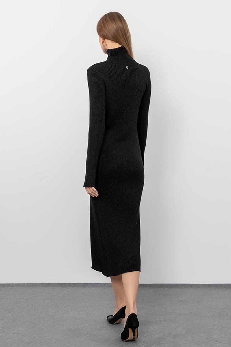 Metallic Thread Detailed Ribbed High Neck Midi Dress