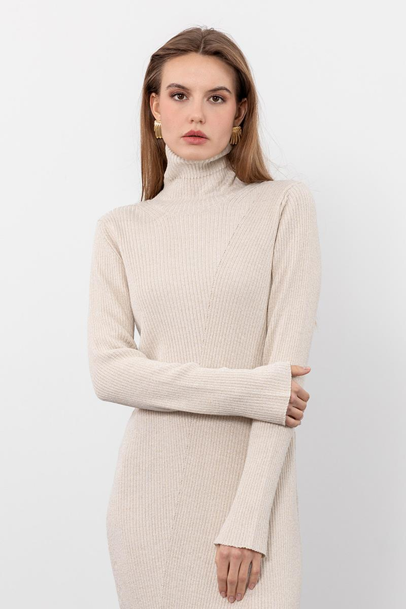 Metallic Thread Detailed Ribbed High Neck Midi Dress