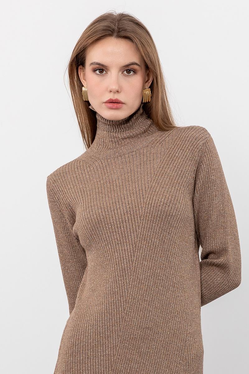 Metallic Thread Detailed Ribbed High Neck Midi Dress